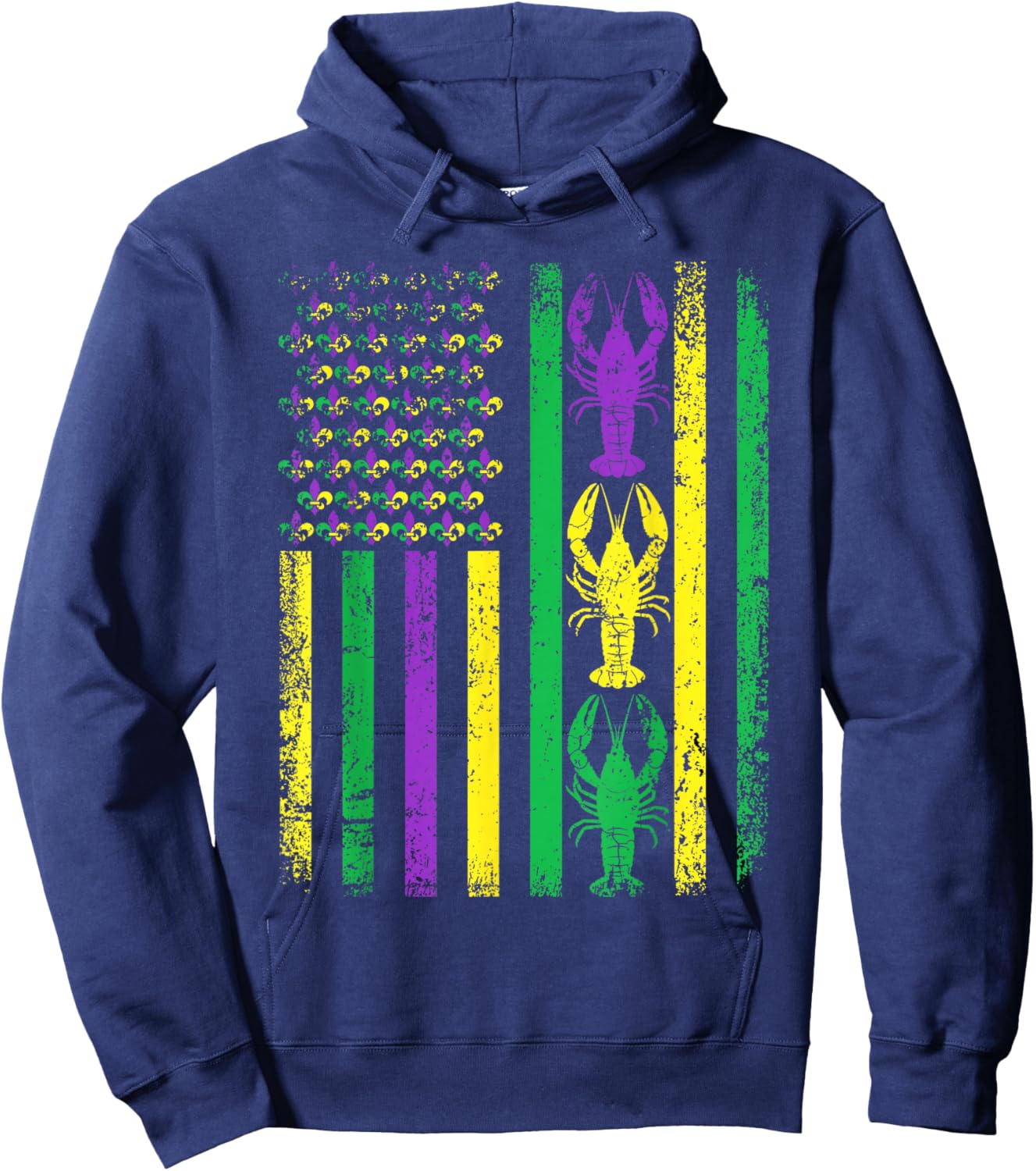 Retro Mardi Gras USA American Flag Crawfish Parade Men Women Hoodie - Hoodie | Navy