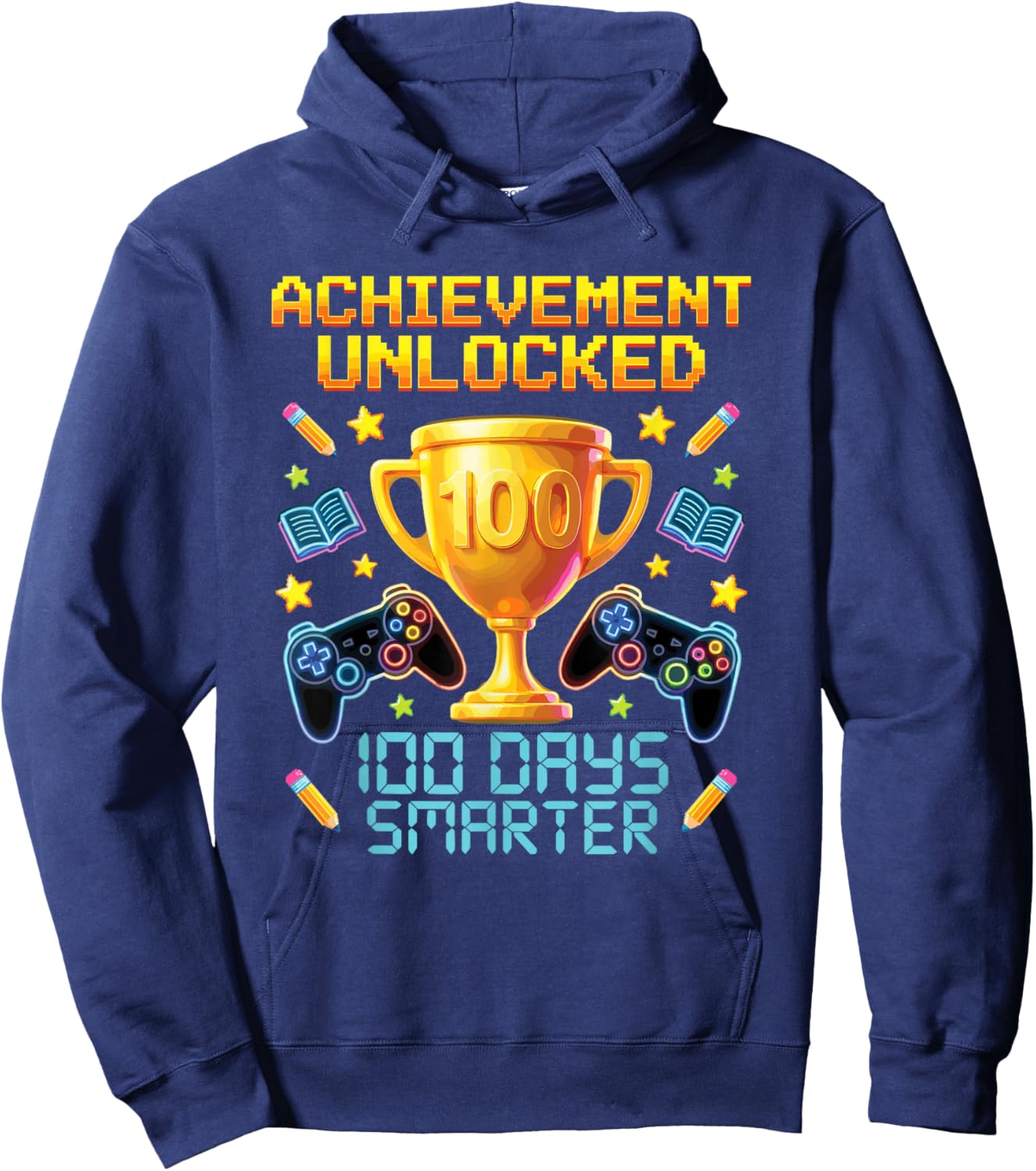 100 Days Smarter Gaming Achievement Unlocked Gamer Aura Hoodie - Hoodie | Navy