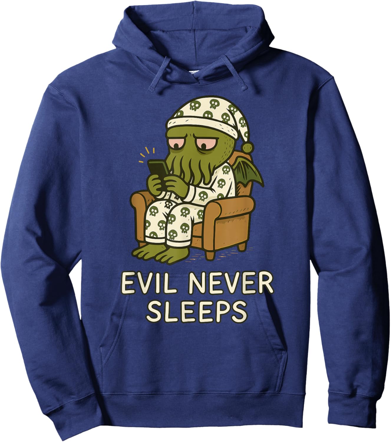 Evil Never Sleeps, Lovecraftian Doomscrolling Cthulhu Pajama Hoodie - Hoodie | Navy