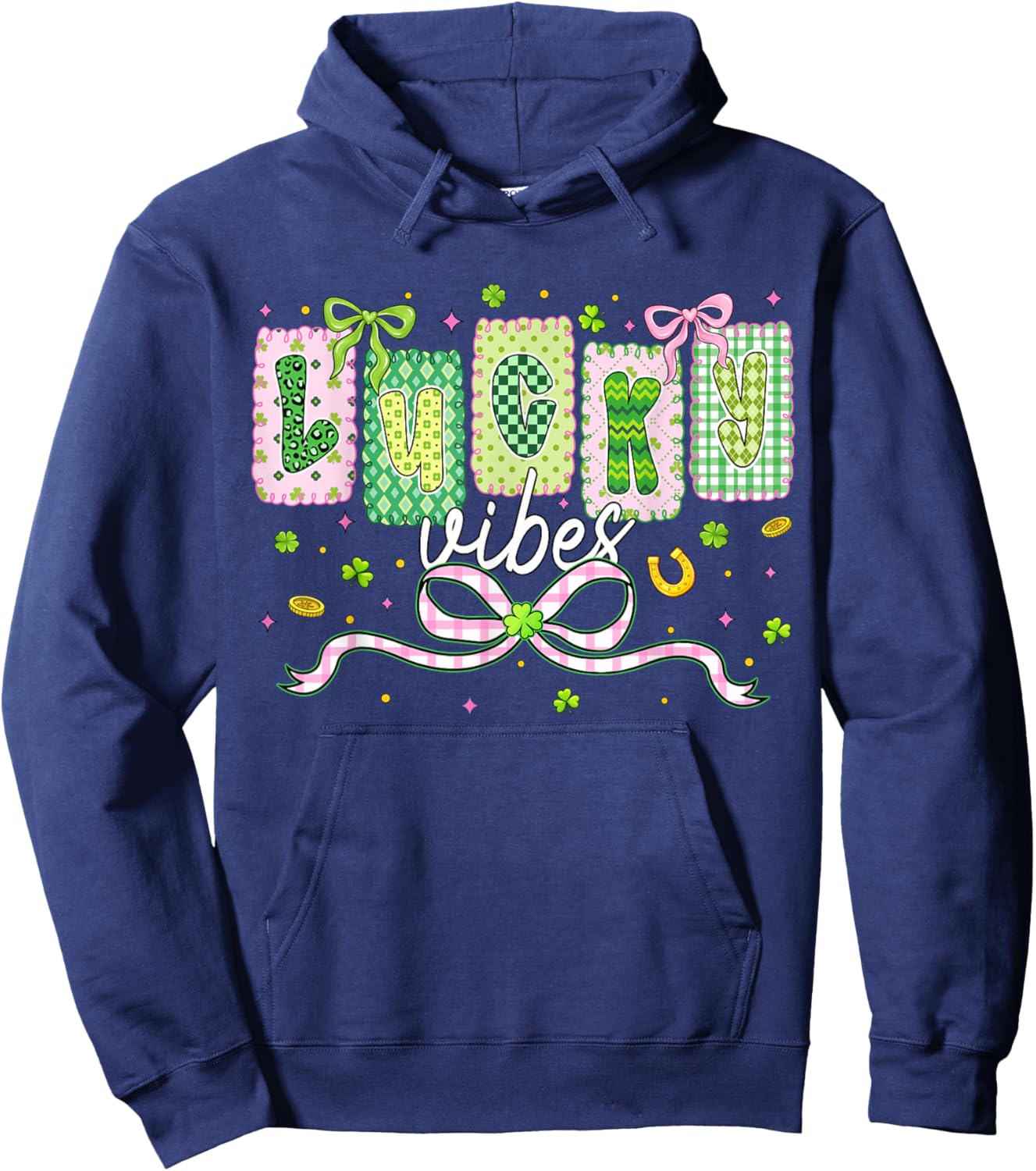 Preppy St Patricks Day Lucky Vibes Shamrock Women Girls Kids Hoodie - Hoodie | Navy