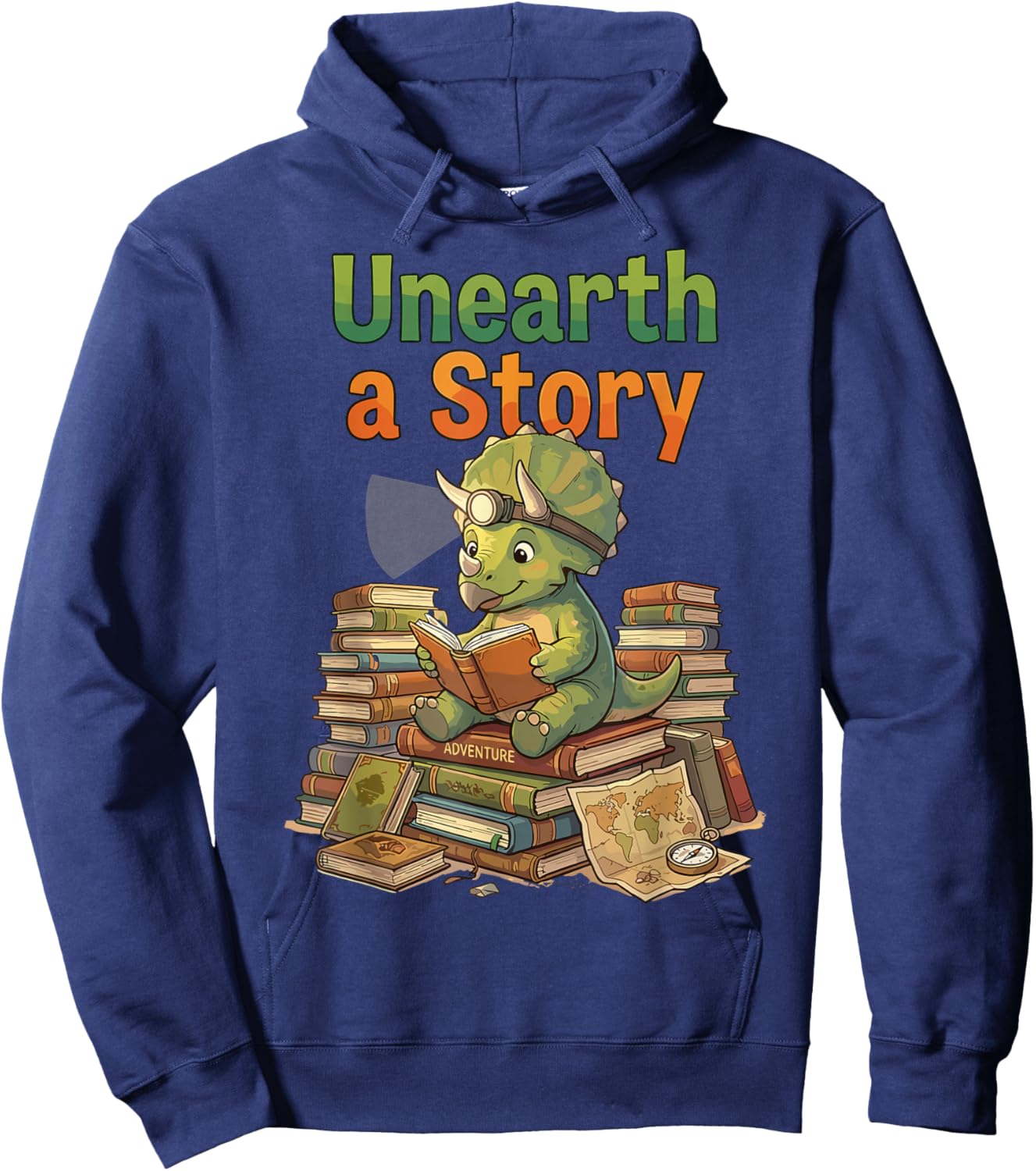 Unearth a Story Triceratops Dinosaur Reading Books Cute Dino Hoodie - Hoodie | Navy
