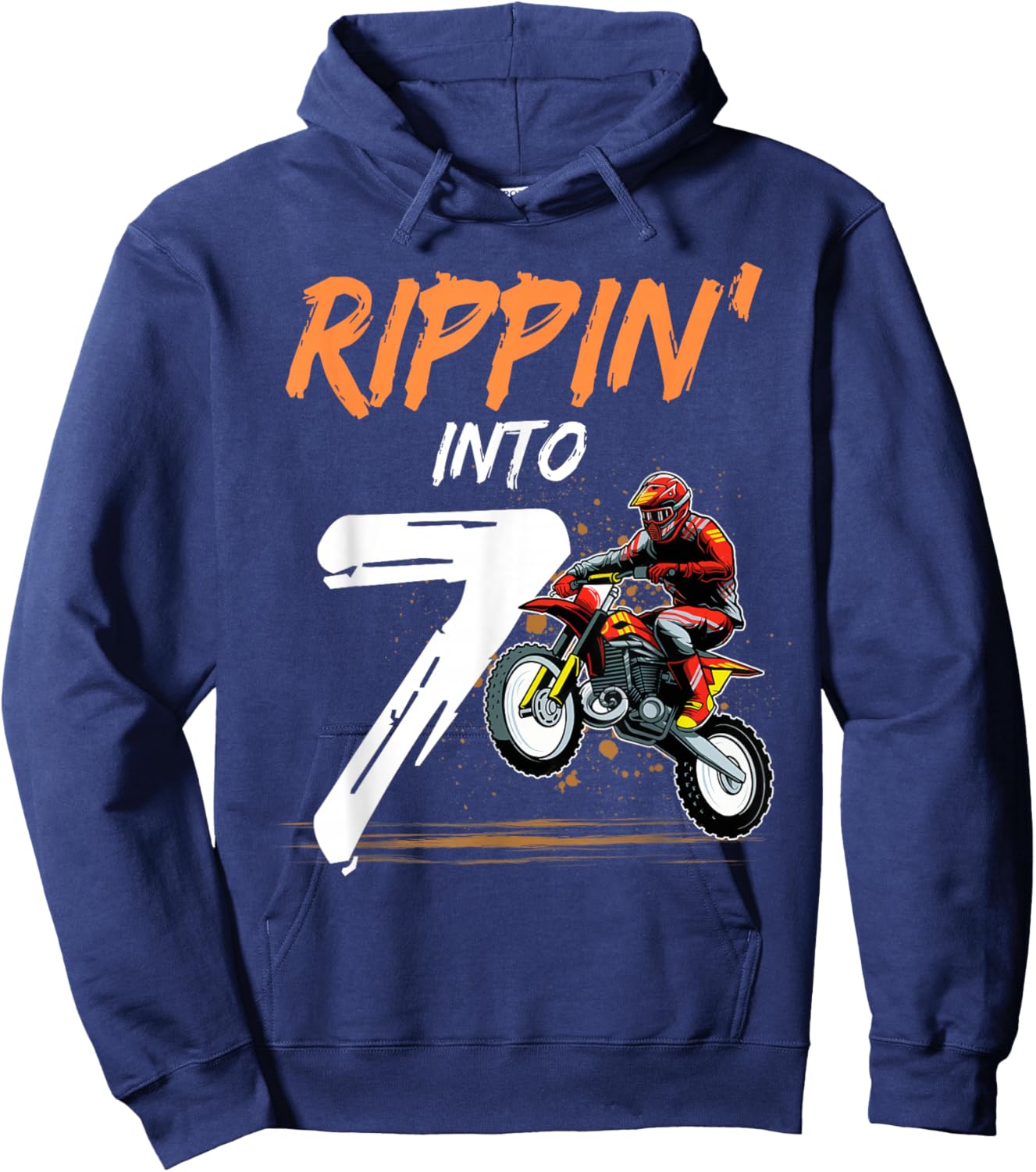 7 Year Old Boy Rippin' Into 7 Birthday Dirt Bike Themed Hoodie - Hoodie | Navy