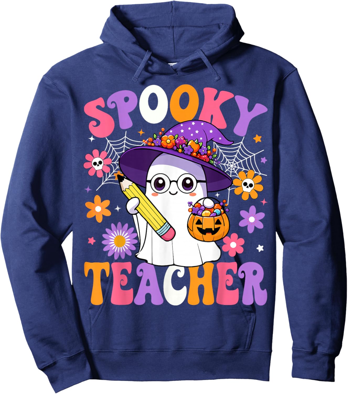 Trick Or Teach Spooky Teacher Ghost Funny Halloween Teacher Hoodie - Hoodie | Navy