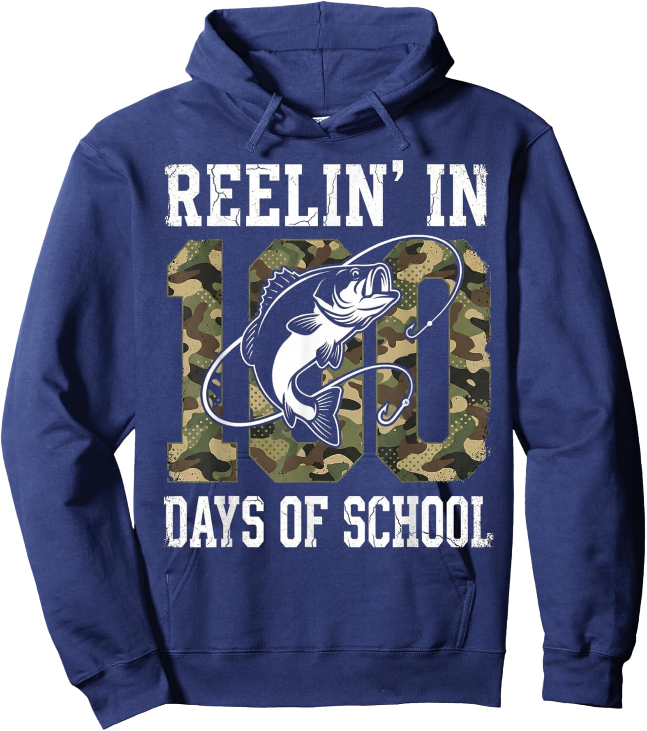 Reelin' in 100 Days of School Bass Camo Fishing Lover Boys Hoodie - Hoodie | Navy