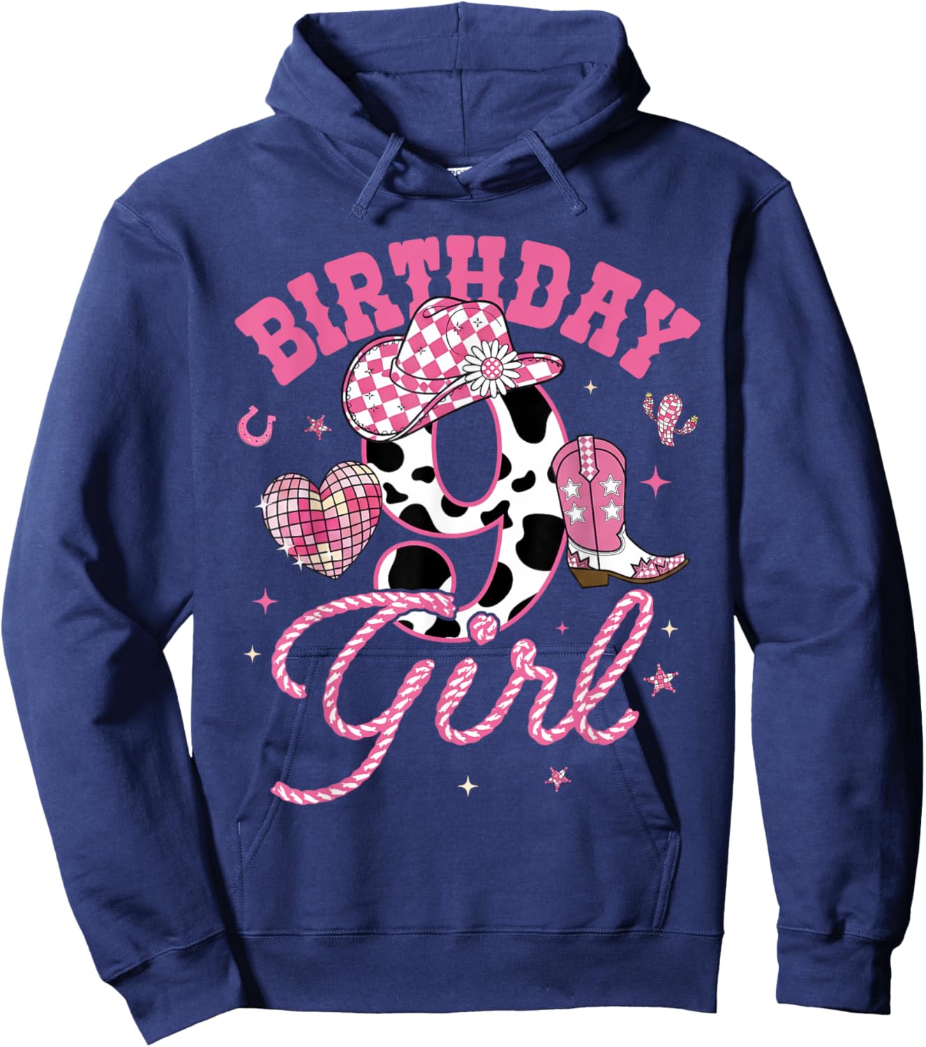 Kids 9 Year Old 9th Birthday Pink Cowgirl Birthday Girl Hoodie - Hoodie | Navy