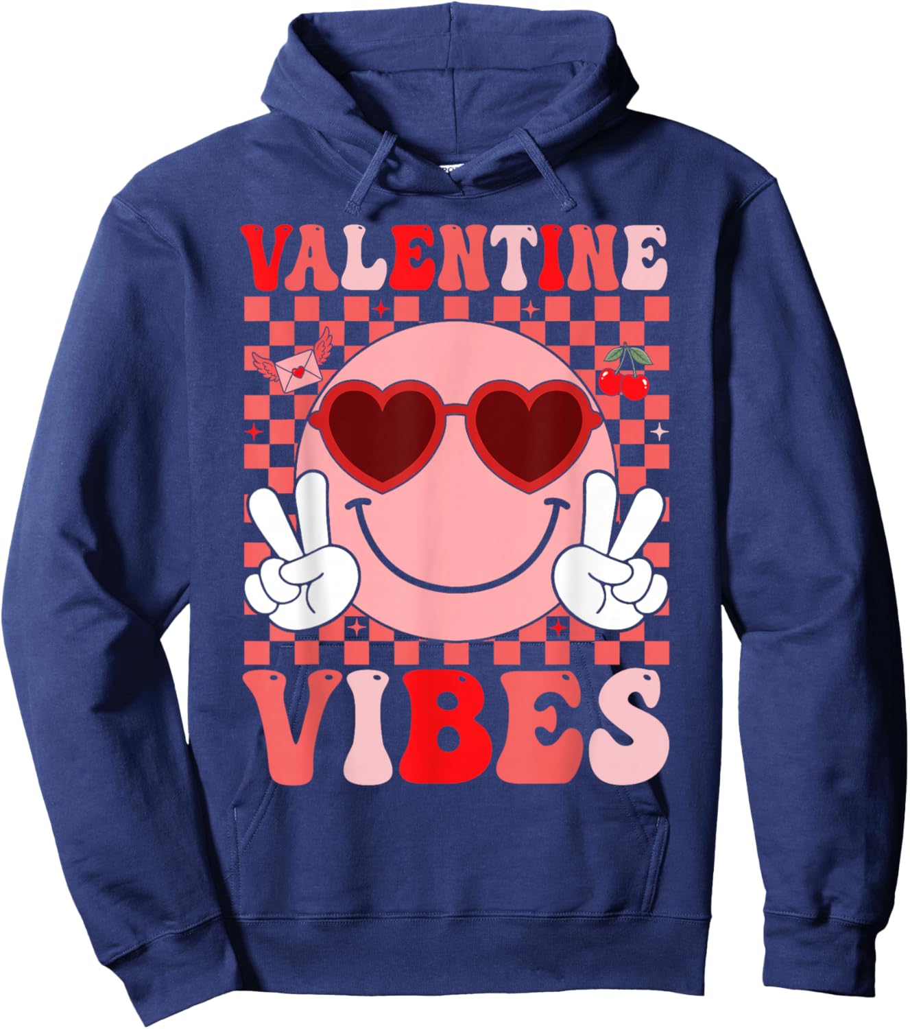 Groovy Valentine Vibes Smile Face Valentines Day Girls Women Hoodie - Hoodie | Navy