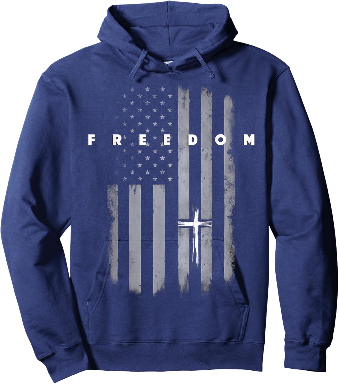 Grunge American Flag and Cross Faith Family Freedom Hoodie - Hoodie | Navy