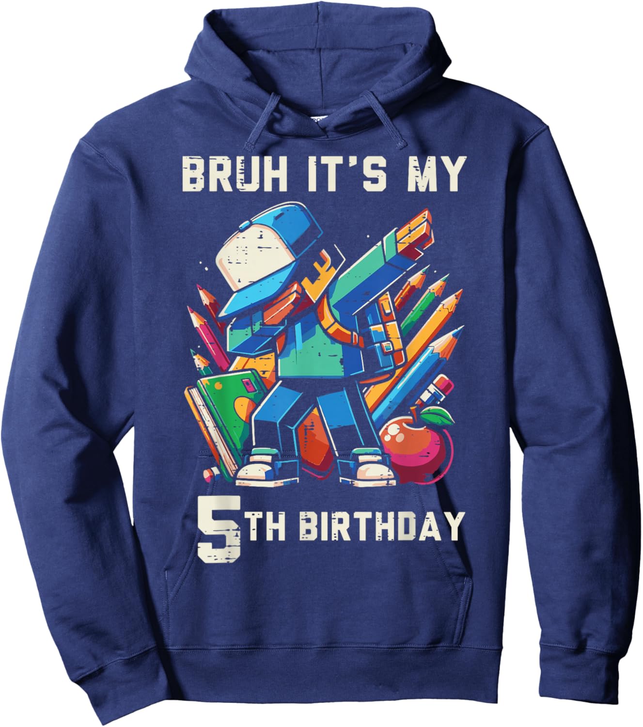 Bruh Its My 5th Birthday Pixel Dab 5 Bday Gamer Boys Kids Hoodie - Hoodie | Navy