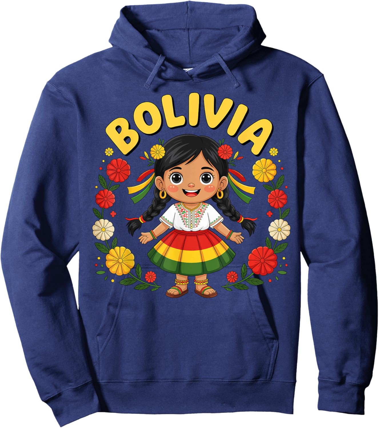 Cute Bolivia Girl Traditional Dress with Floral Design Kids Hoodie - Hoodie | Navy