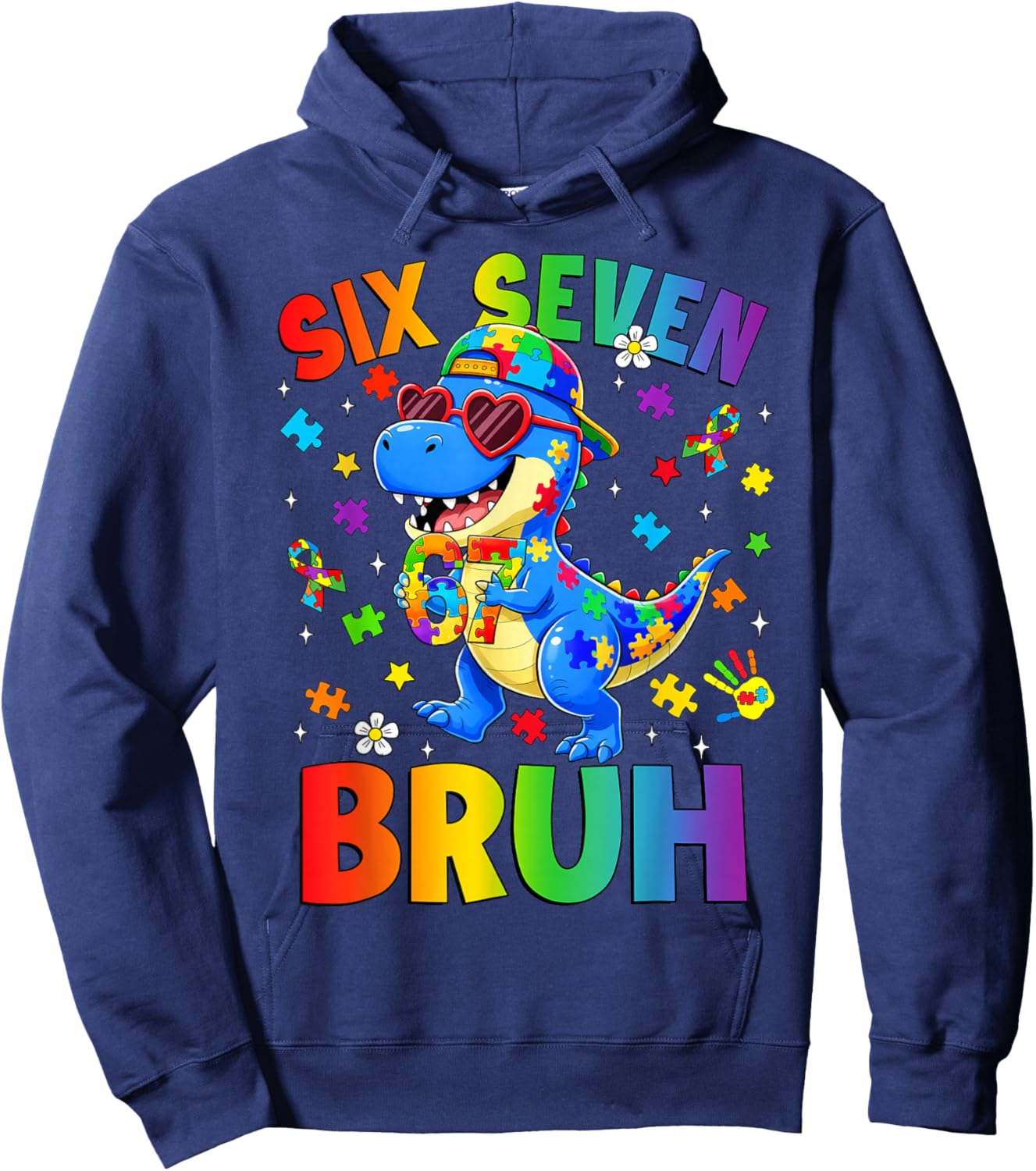Six Seven Bruh 67 Autism Awareness Dinosaur T-rex Boys Kids Hoodie - Hoodie | Navy