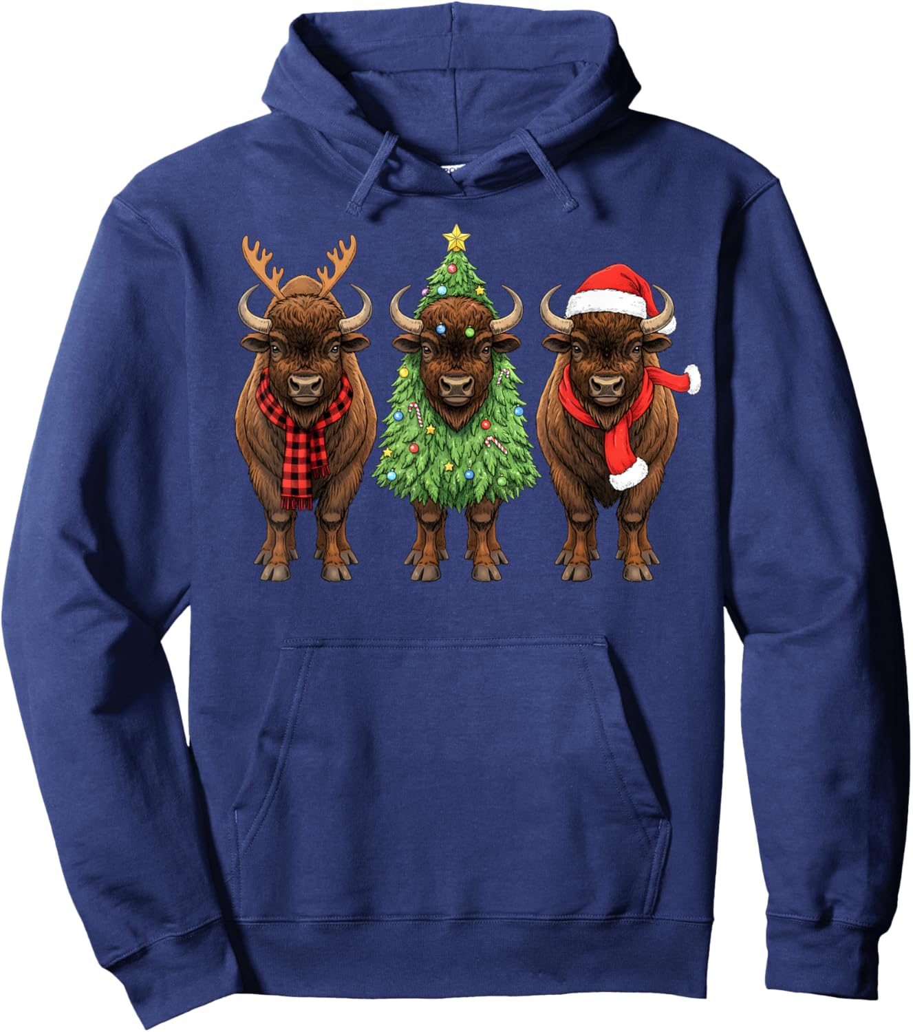 Retro Christmas American Bison Buffalo Santa Reindeer Hoodie - Hoodie | Navy