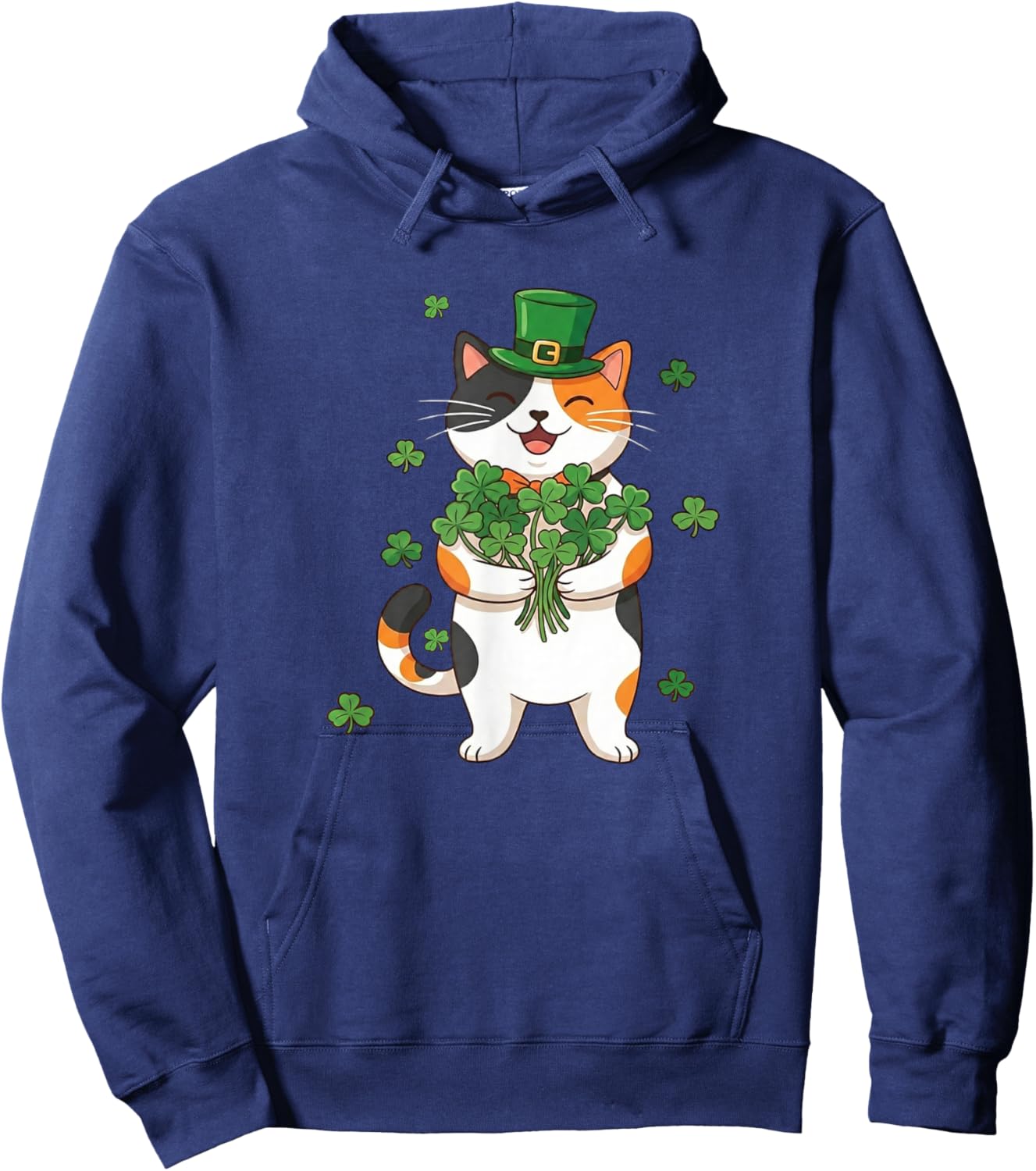 St Patricks Day Calico Cat with Leprechaun Hat and Shamrocks Hoodie - Hoodie | Navy