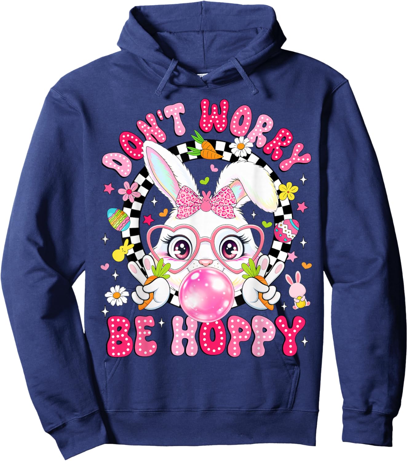 Groovy Don't Worry Be Hoppy Happy Easter Day Bunny Face Kids Hoodie - Hoodie | Navy