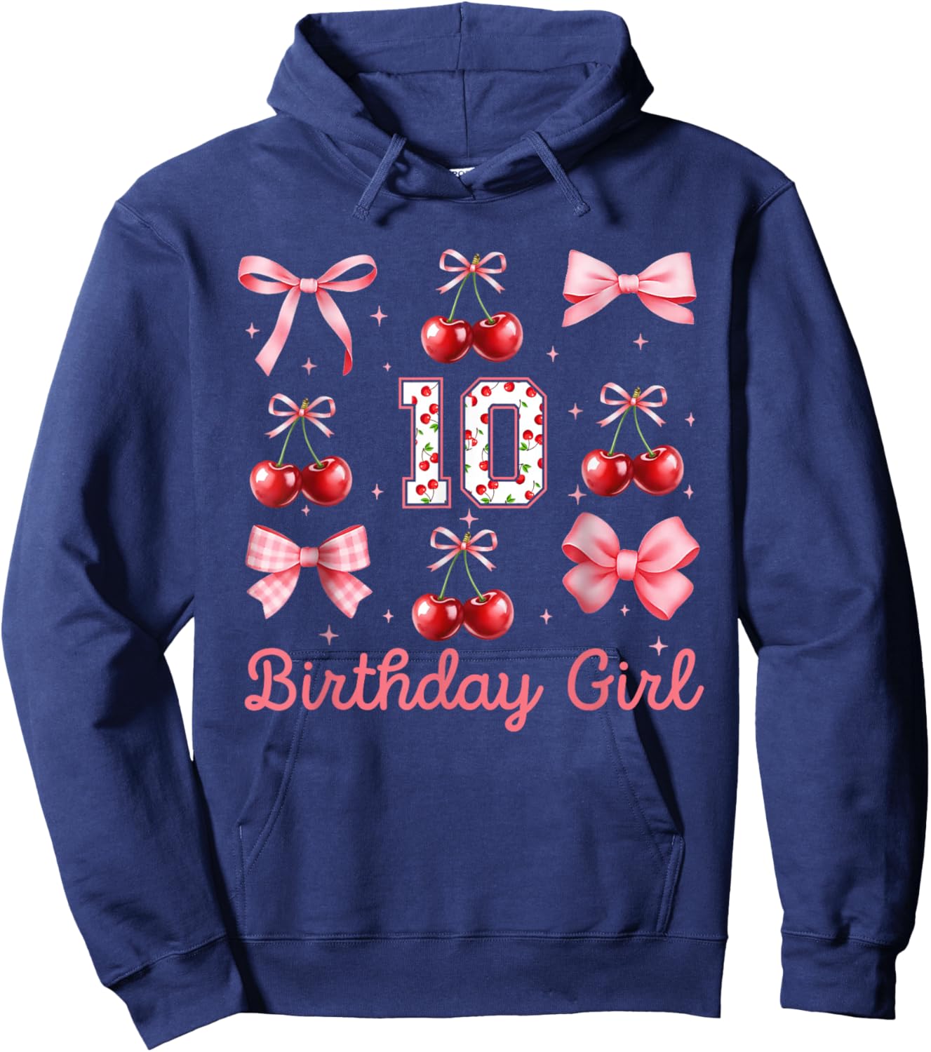 10th Birthday Girl Cherry Coquette Bow 10 Year Old Girls Hoodie - Hoodie | Navy