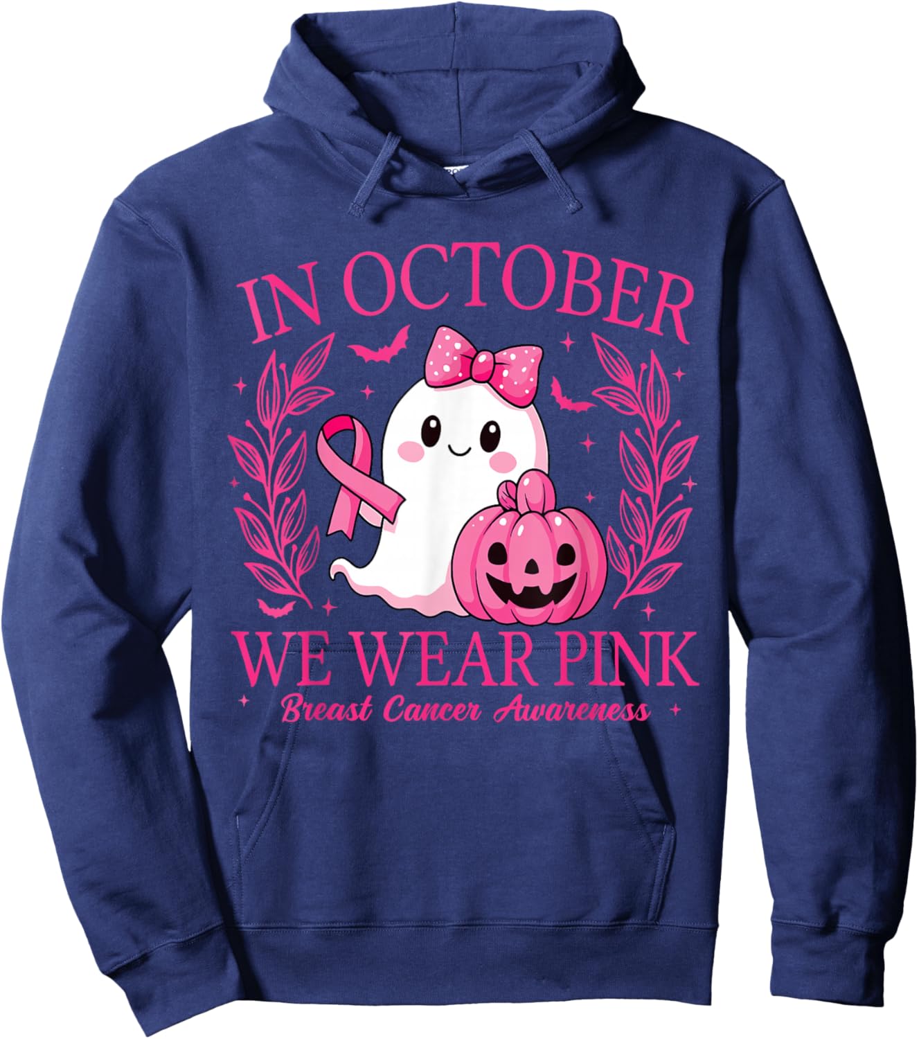 in October We Wear Pink Breast Cancer Awareness Halloween Hoodie - Hoodie | Navy