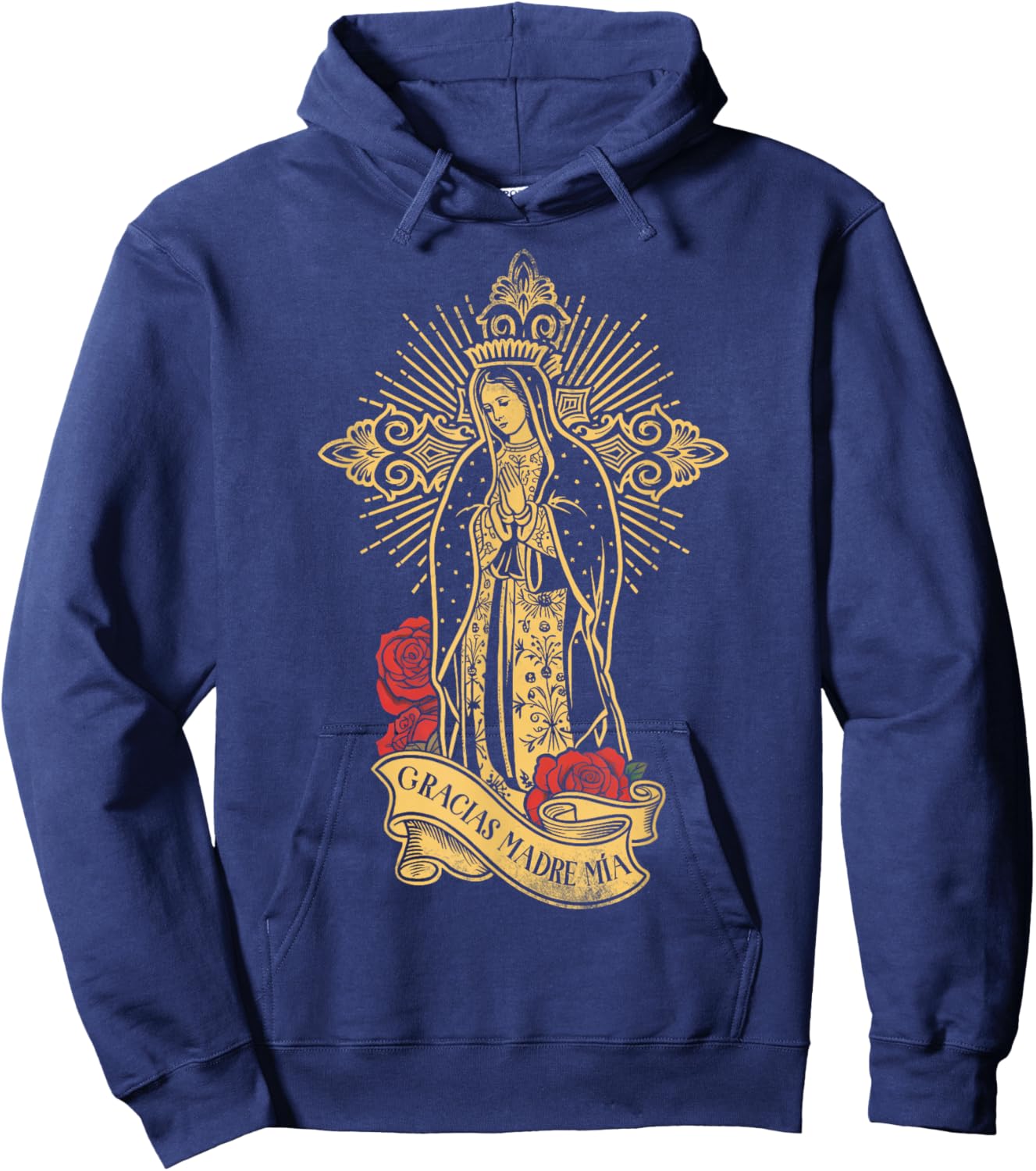 Our Lady of Guadalupe Saint Virgin Mary Rose Floral Catholic Hoodie - Hoodie | Navy