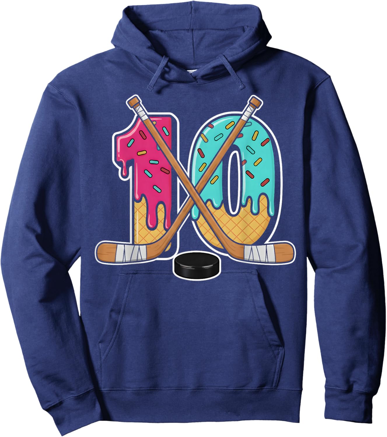 10 Year Old Hockey Ice Cream Drip Youth 10th Birthday Boys Hoodie - Hoodie | Navy