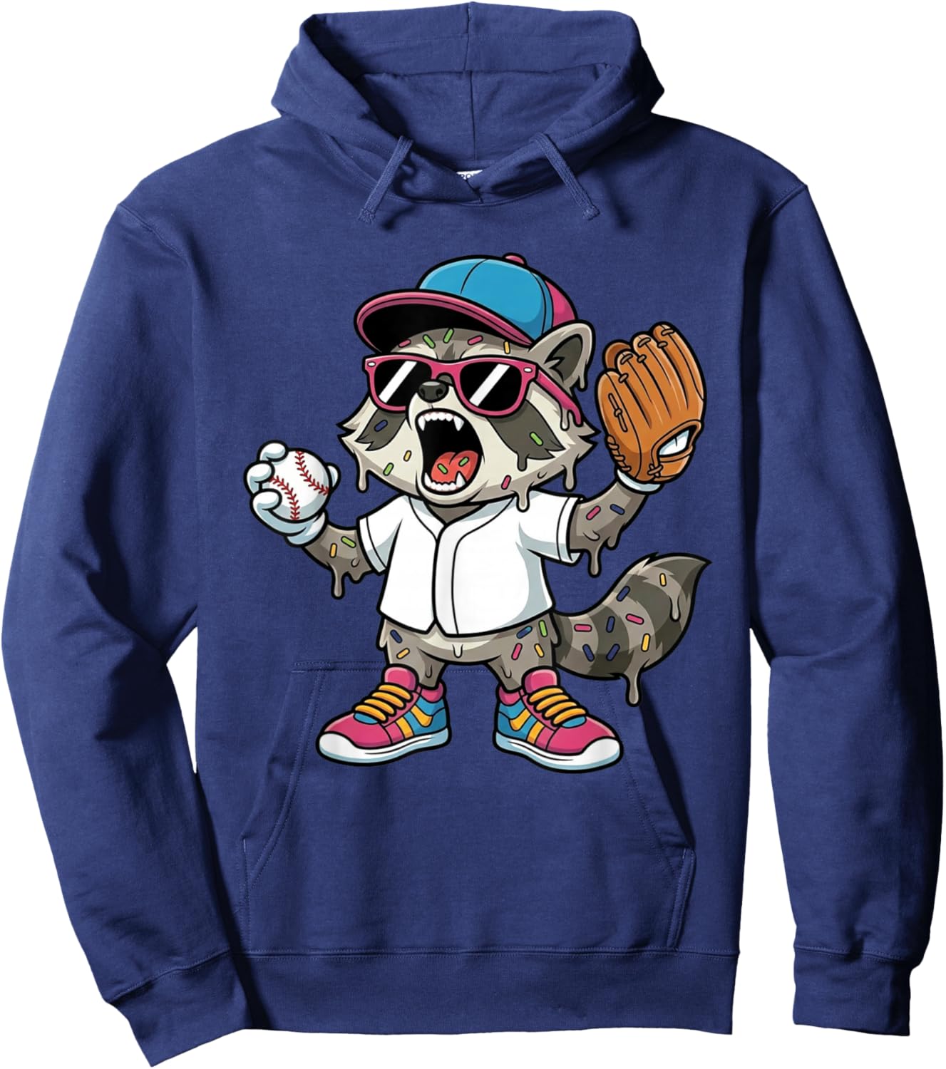 Funny Trash Panda Raccoon Baseball Drip Mascot Kids Hoodie - Hoodie | Navy