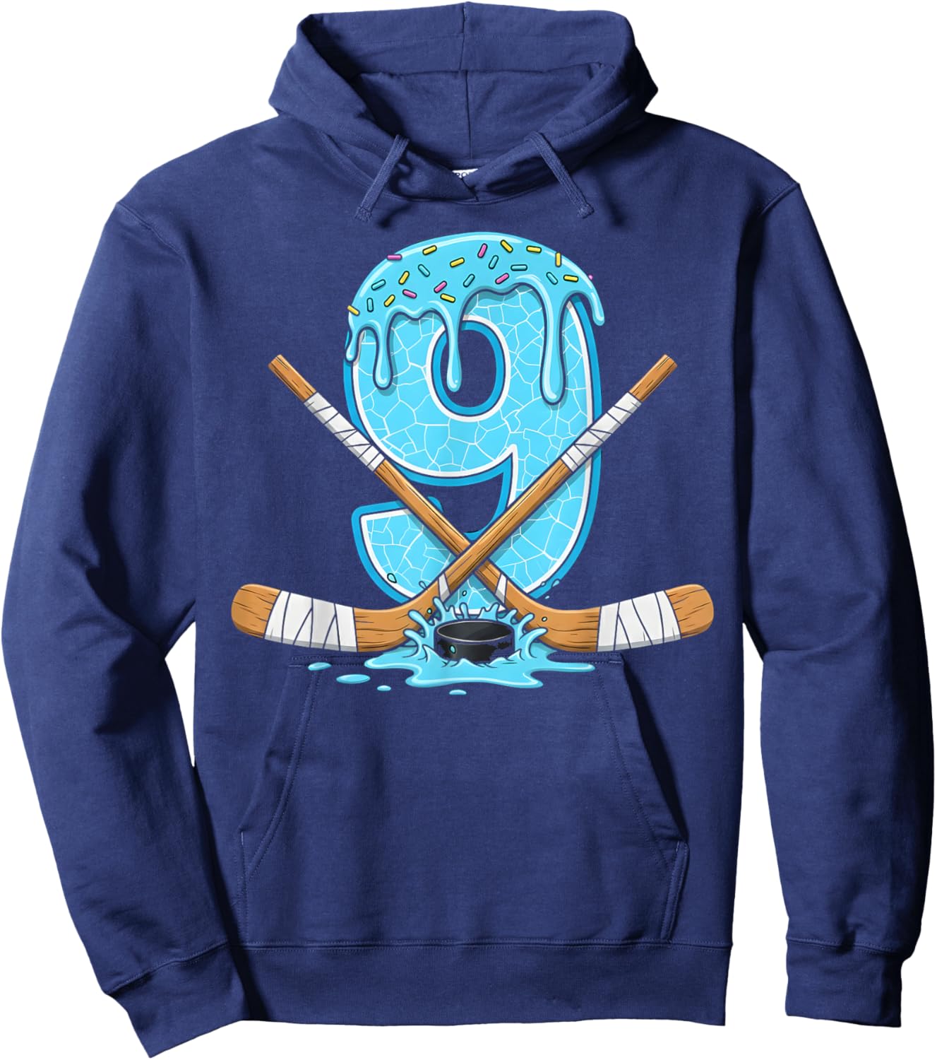 9 Year Old Hockey Ice Cream Drip Youth 9th Birthday Boys Hoodie - Hoodie | Navy