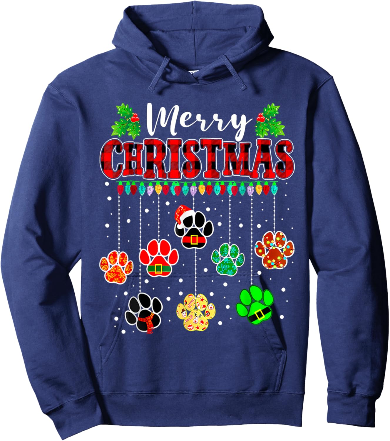 Merry Christmas Lights Dog Paw Red Plaid Funny Dog Love Xmas Hoodie - Hoodie | Navy