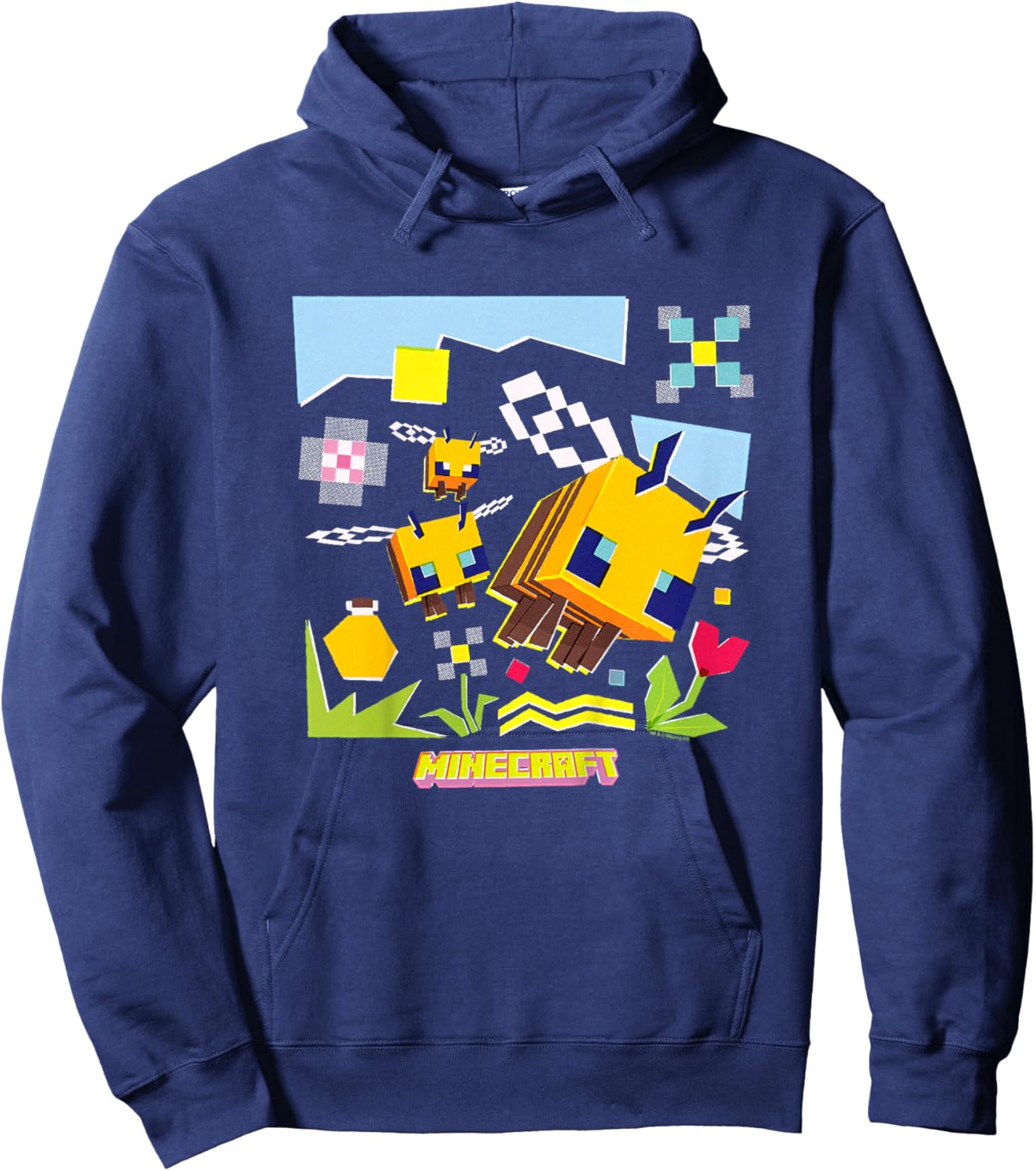 Minecraft Logo Flowers and Bees Flying in The Sky Hoodie - Hoodie | Navy