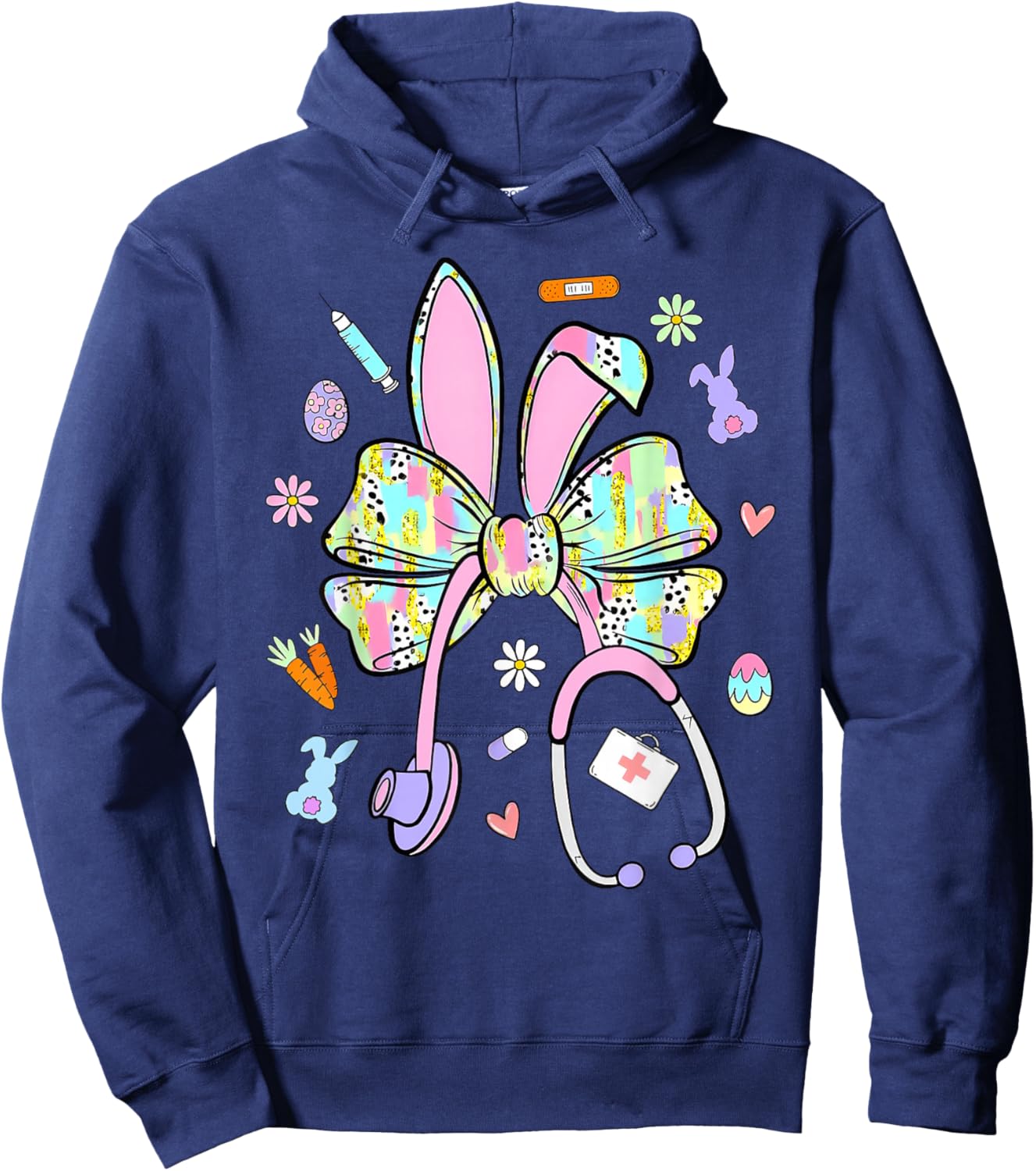 Nurse Stethoscope Funny Bunny Rabbit Easter Coquette Bow Hoodie - Hoodie | Navy
