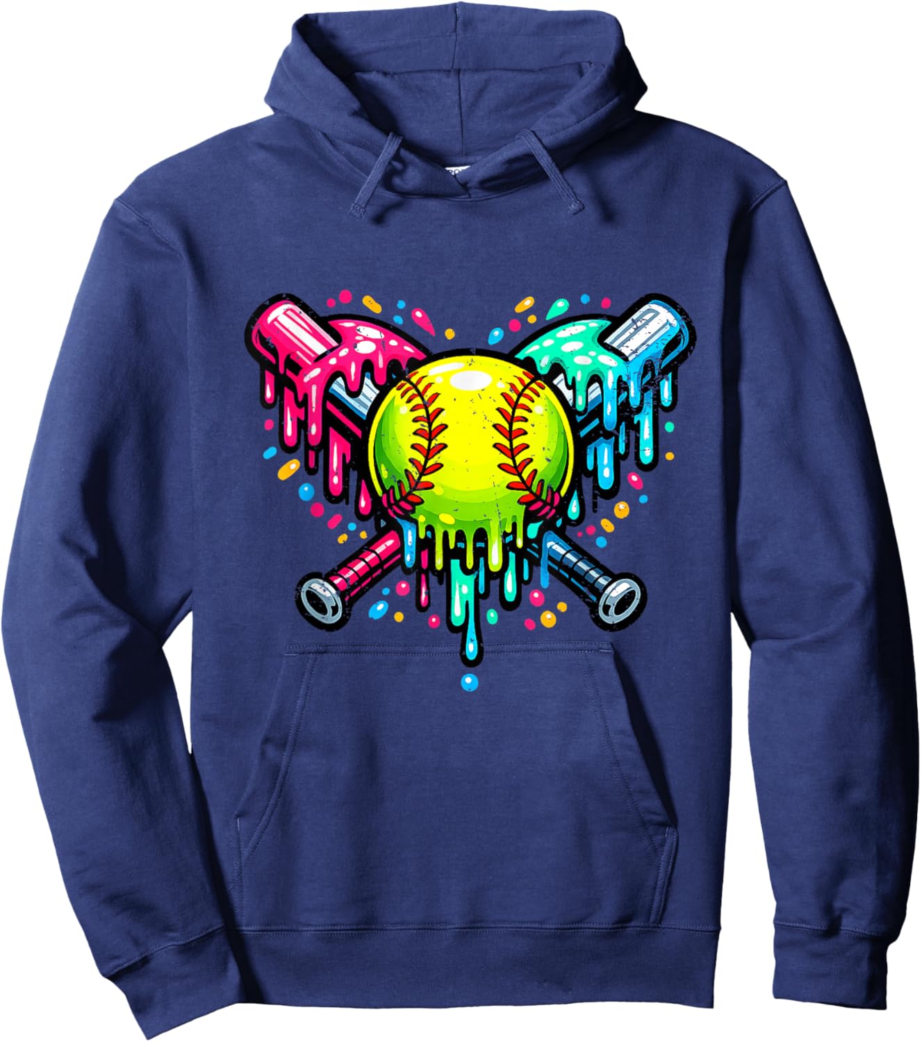 Neon Drip Softball Crossed Bats Graphic Hoodie - Hoodie | Navy