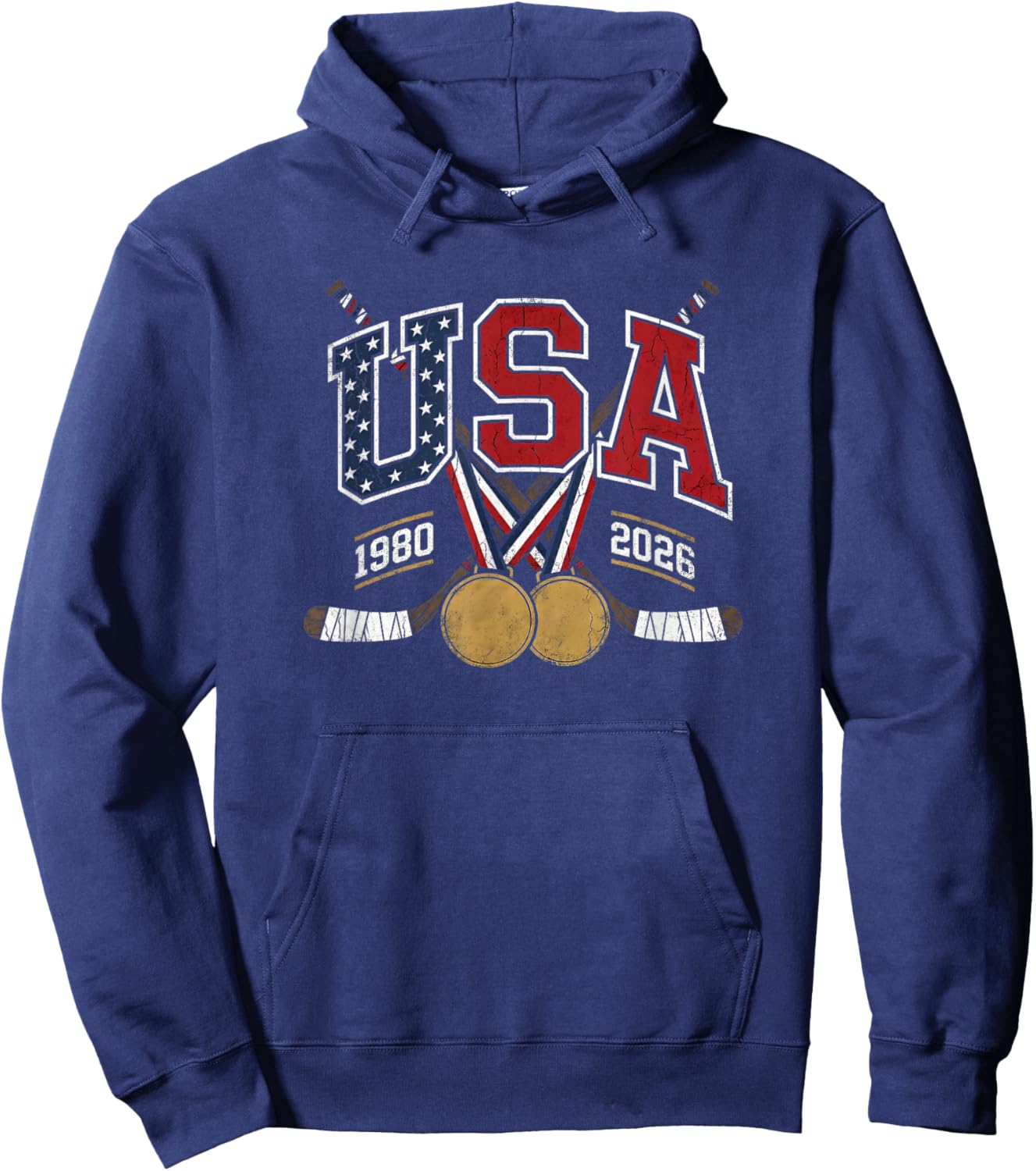 1980 and 2026 Hockey Vintage USA Crossed Sticks Patriotic Hoodie - Hoodie | Navy
