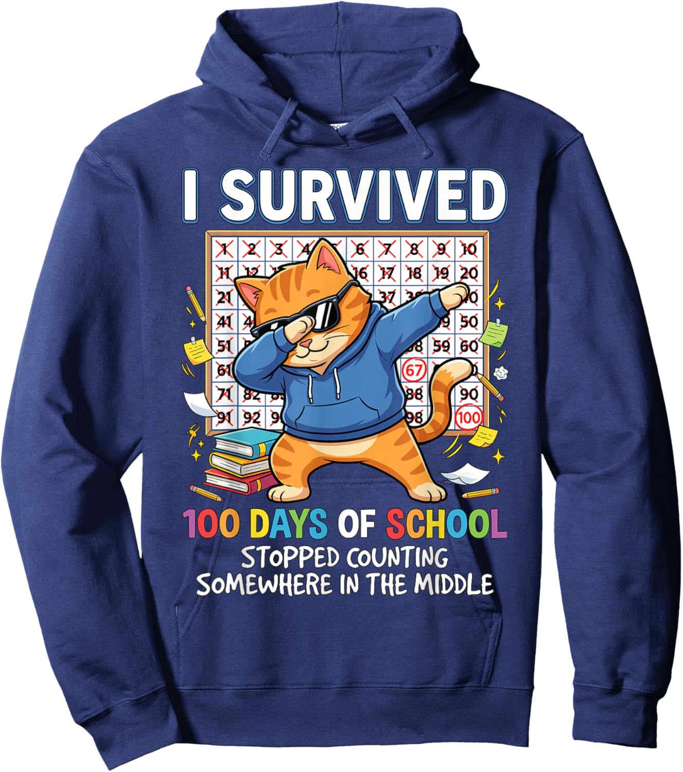 I Survived 100 Days of School Funny Dabbing Cat Student Cool Hoodie - Hoodie | Navy