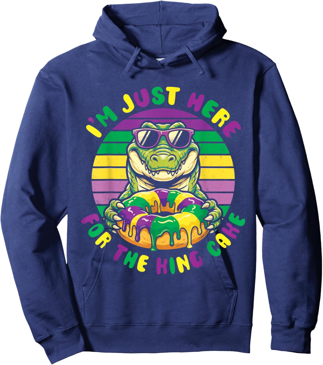 I'm Just Here for The King Cake Mardi Gras Retro Aligator Hoodie - Hoodie | Navy