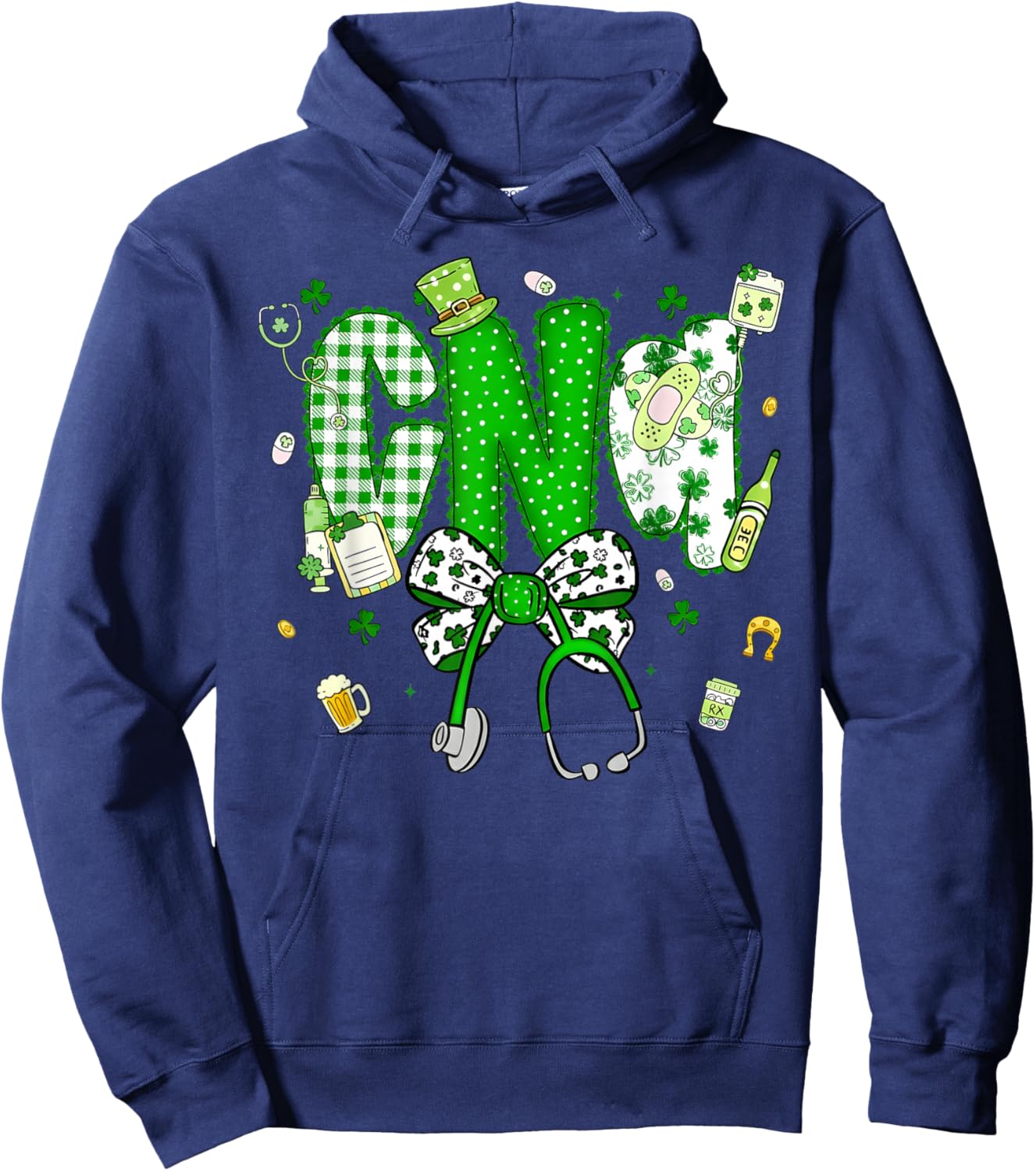 Patrick's Day CNA Coquette Bow Stethoscope Shamrock Hoodie - Hoodie | Navy