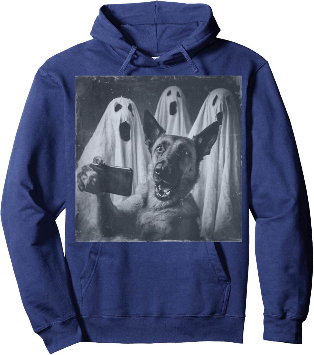 Funny Belgian Malinois Selfie Halloween Ghost Retro Hoodie - Hoodie | Navy