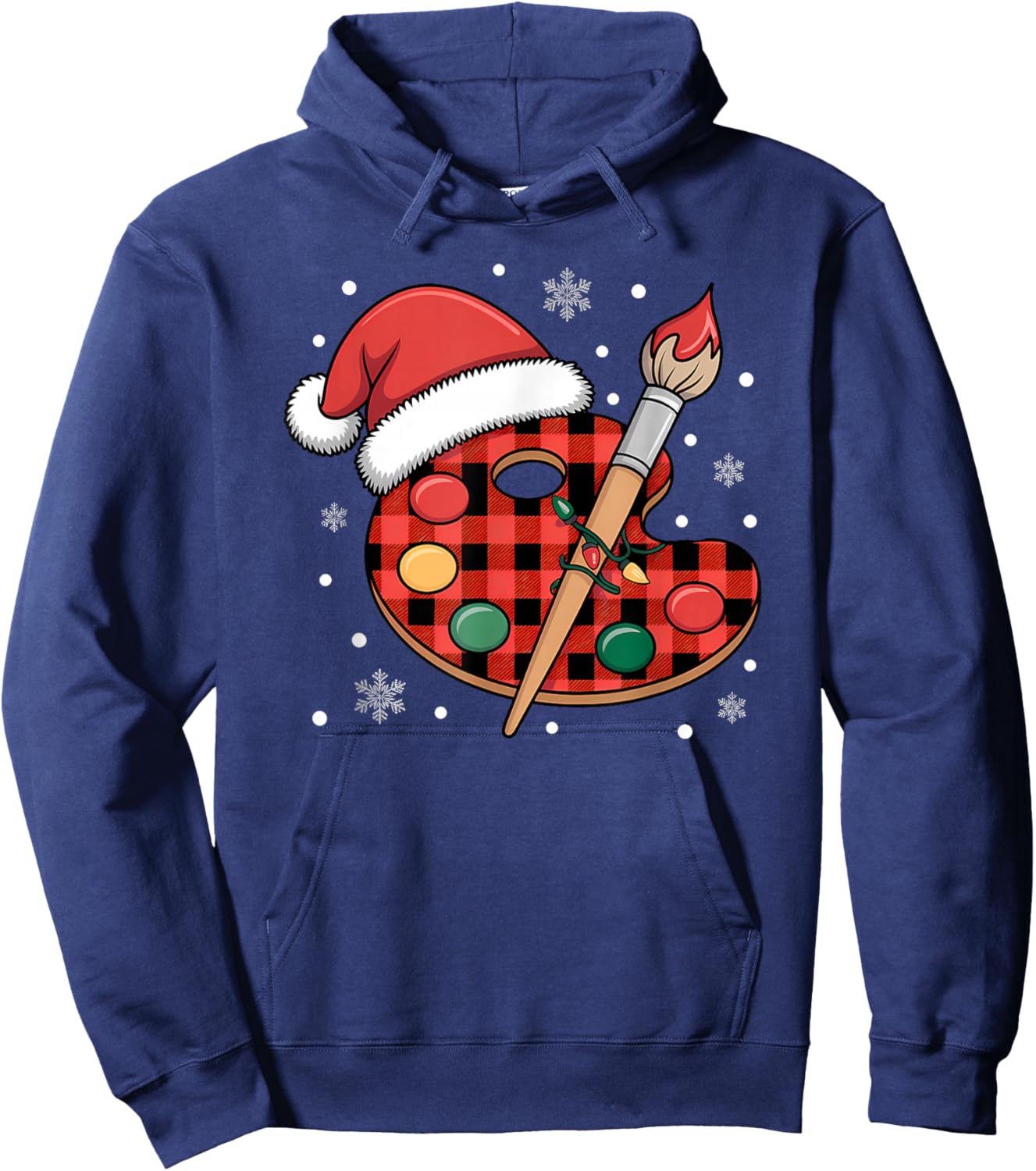 Buffalo Plaid Artist Palette with Santa Hat Holiday Painting Hoodie - Hoodie | Navy