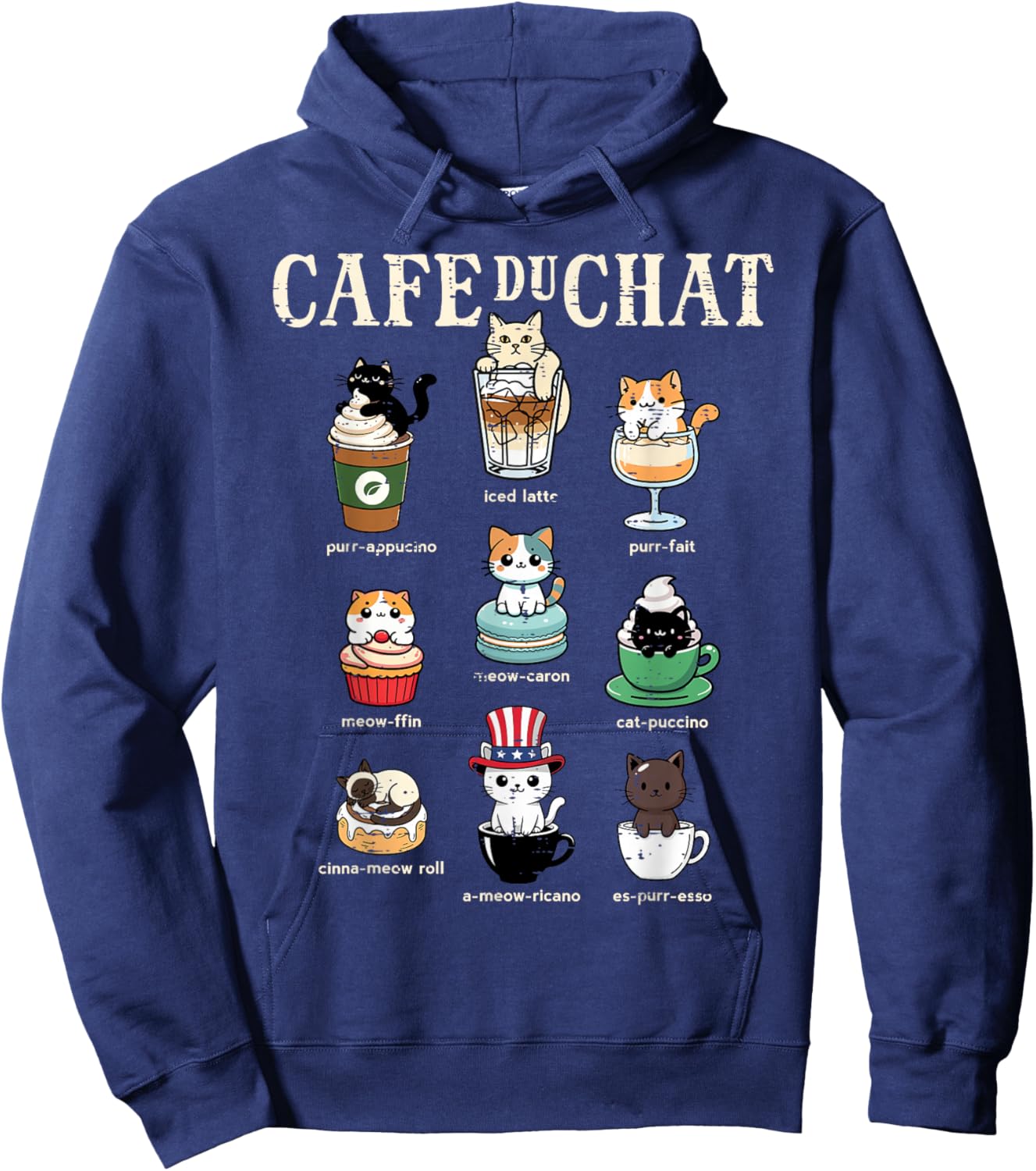 Cat Coffee Cafe Du Chat Funny Kitten Women Girls Kids Men Hoodie - Hoodie | Navy