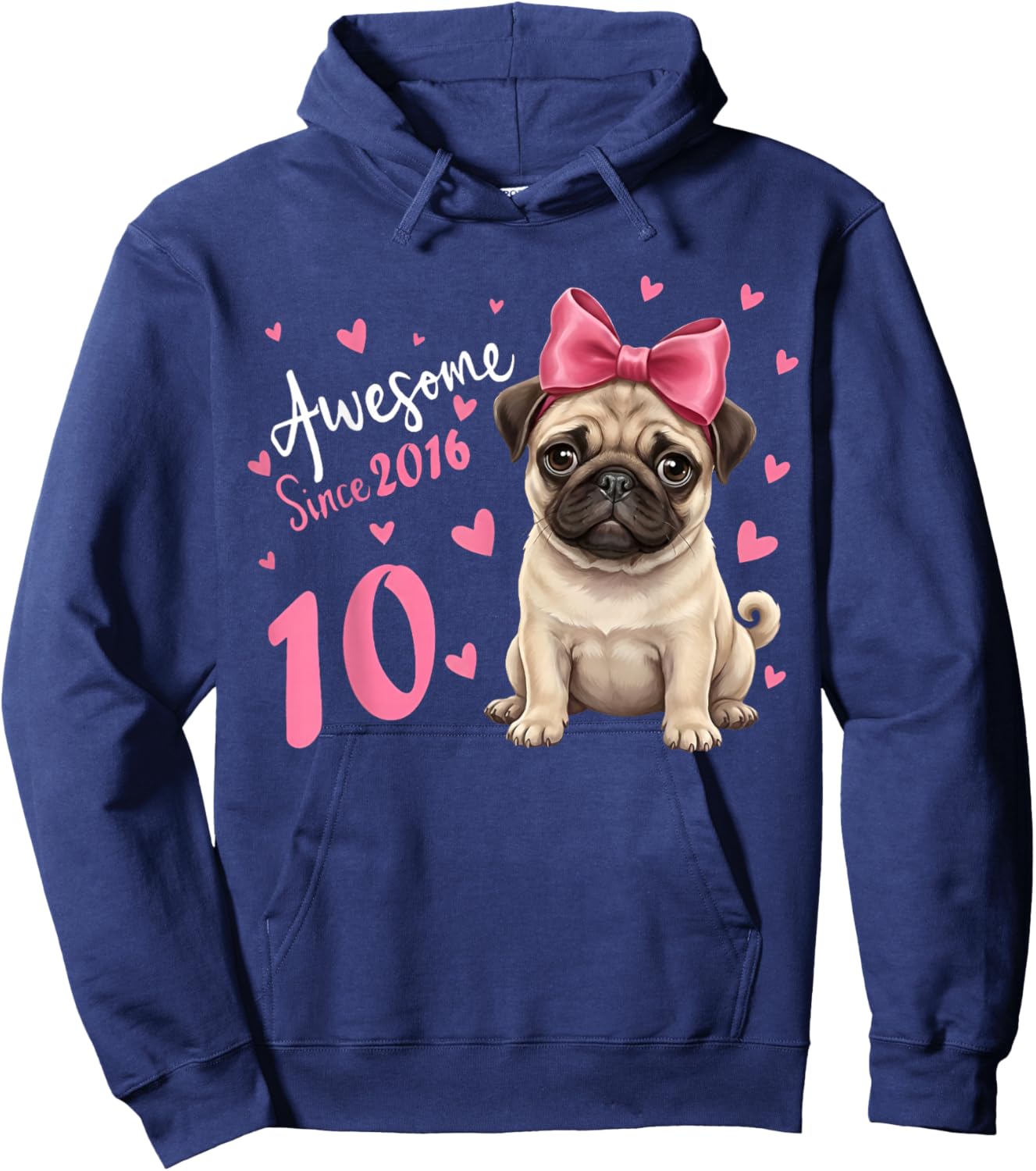 Girls 10 Years Old Pug Birthday Girl 10th Party Dog Birthday Hoodie - Hoodie | Navy