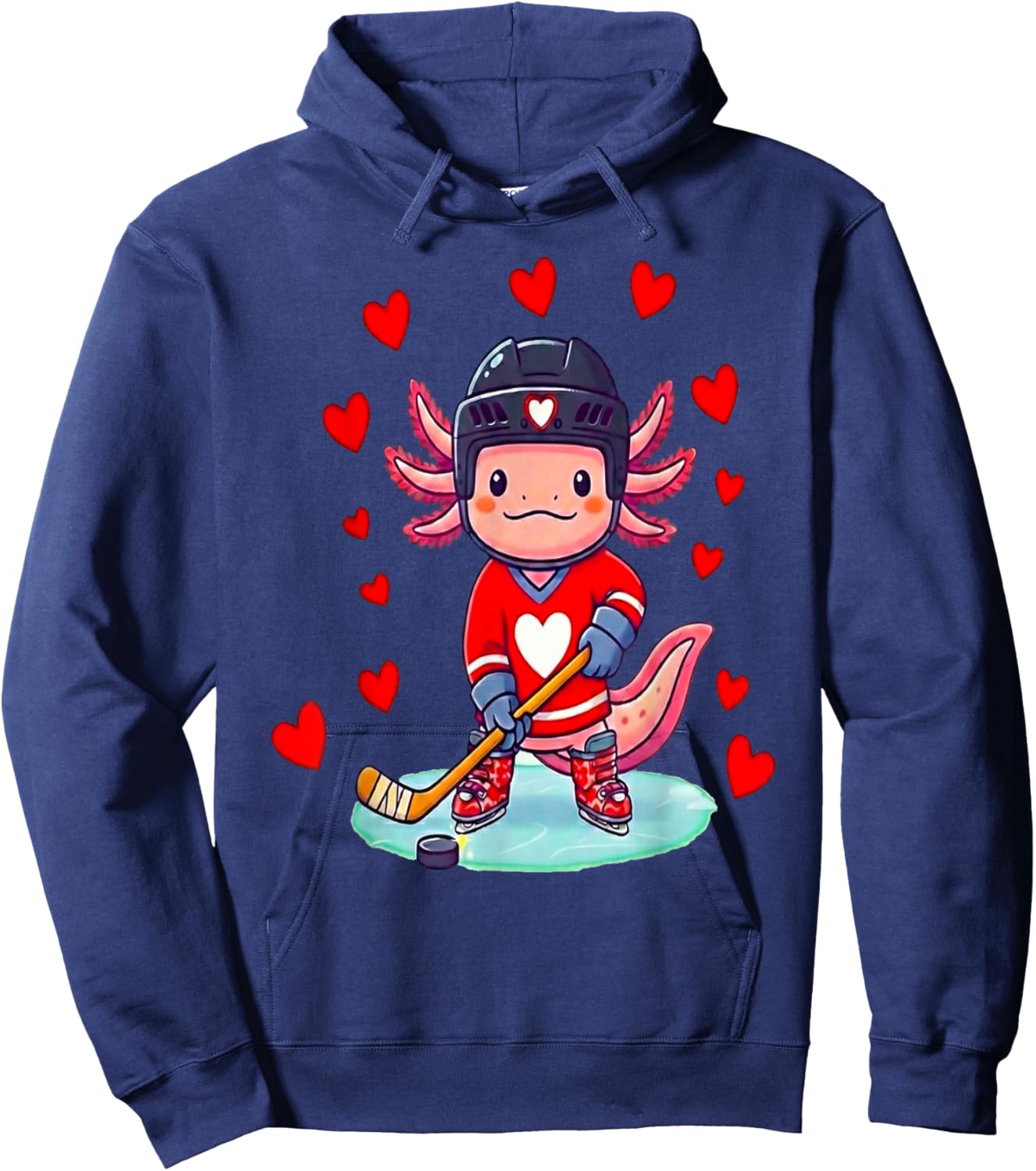 Axolotl Hearts Costume Playing Ice Hockey Valentines Day Hoodie - Hoodie | Navy