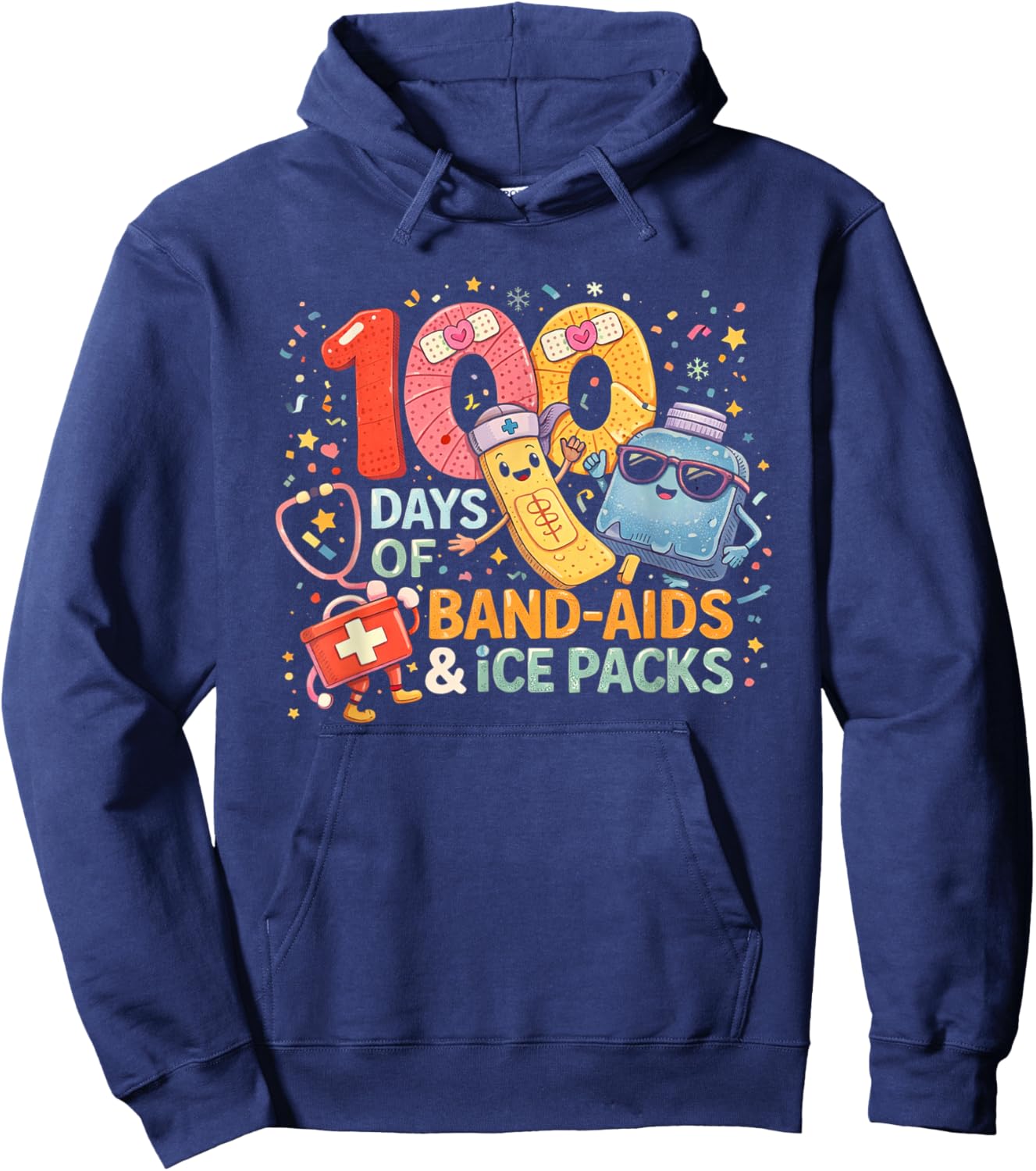 School Nurse 100 Days Band Aids Ice Packs 100 Days of School Hoodie - Hoodie | Navy