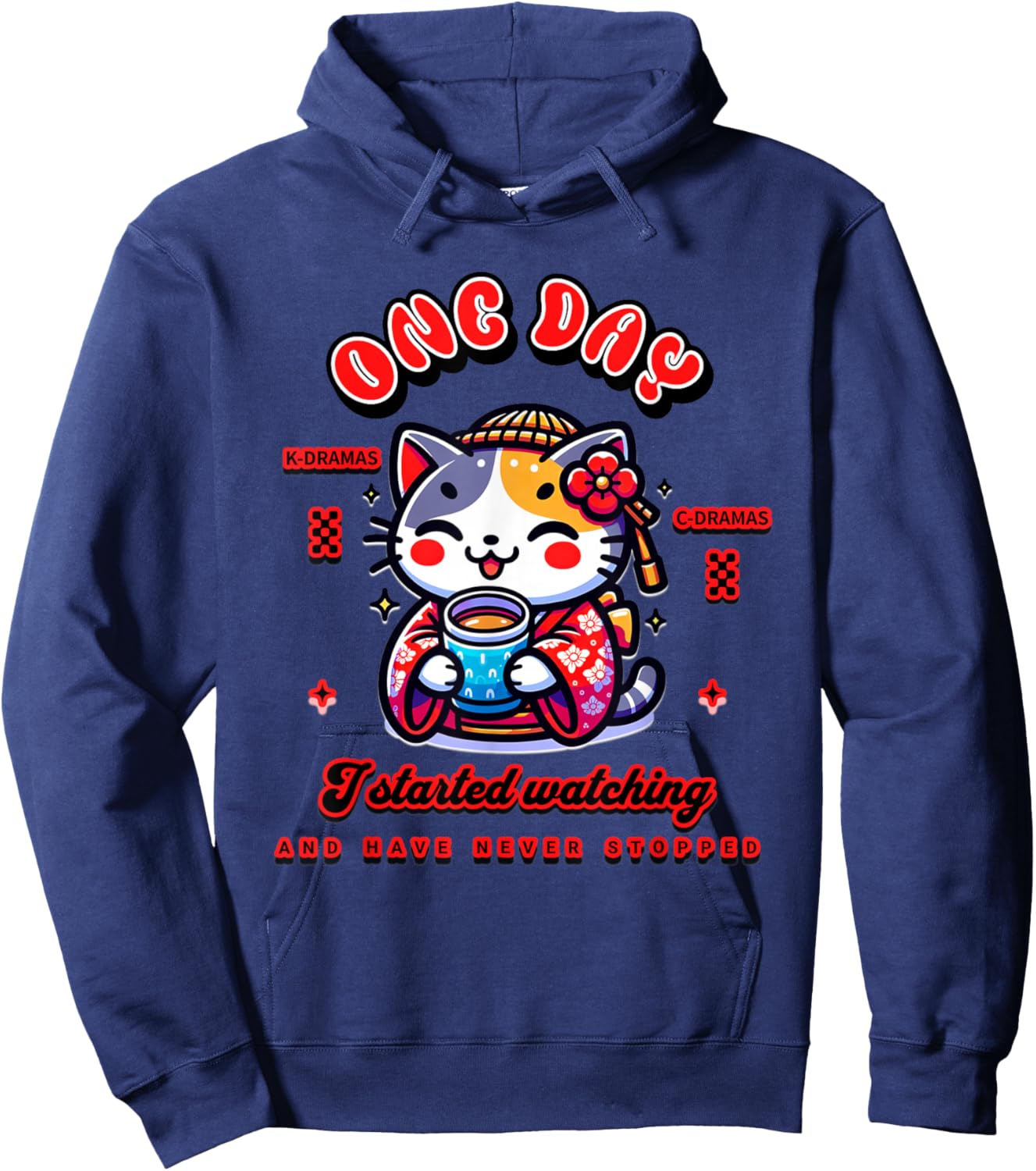 Cute Cat Watching K-Dramas and C-Dramas Hoodie - Hoodie | Navy