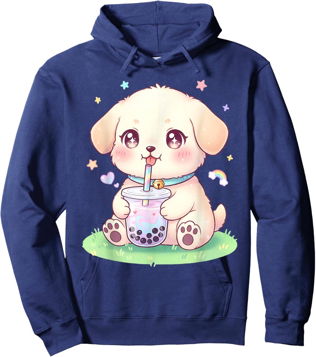 Puppy Dog Drinking Boba Tea Cute Girls Graphic Hoodie - Hoodie | Navy
