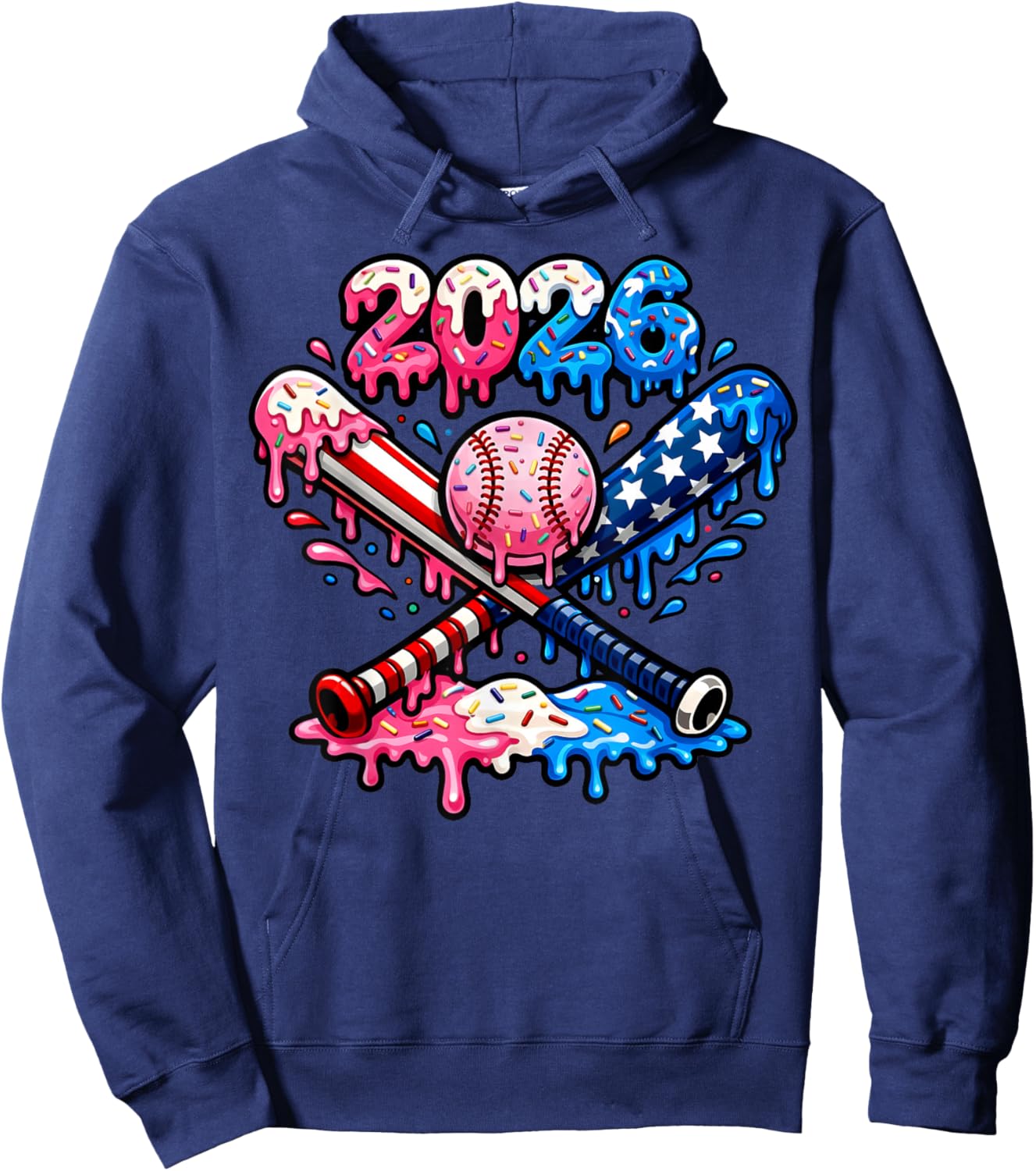 Funny 2026 American Flag Baseball Ice Cream Drip Bats Boys Hoodie - Hoodie | Navy