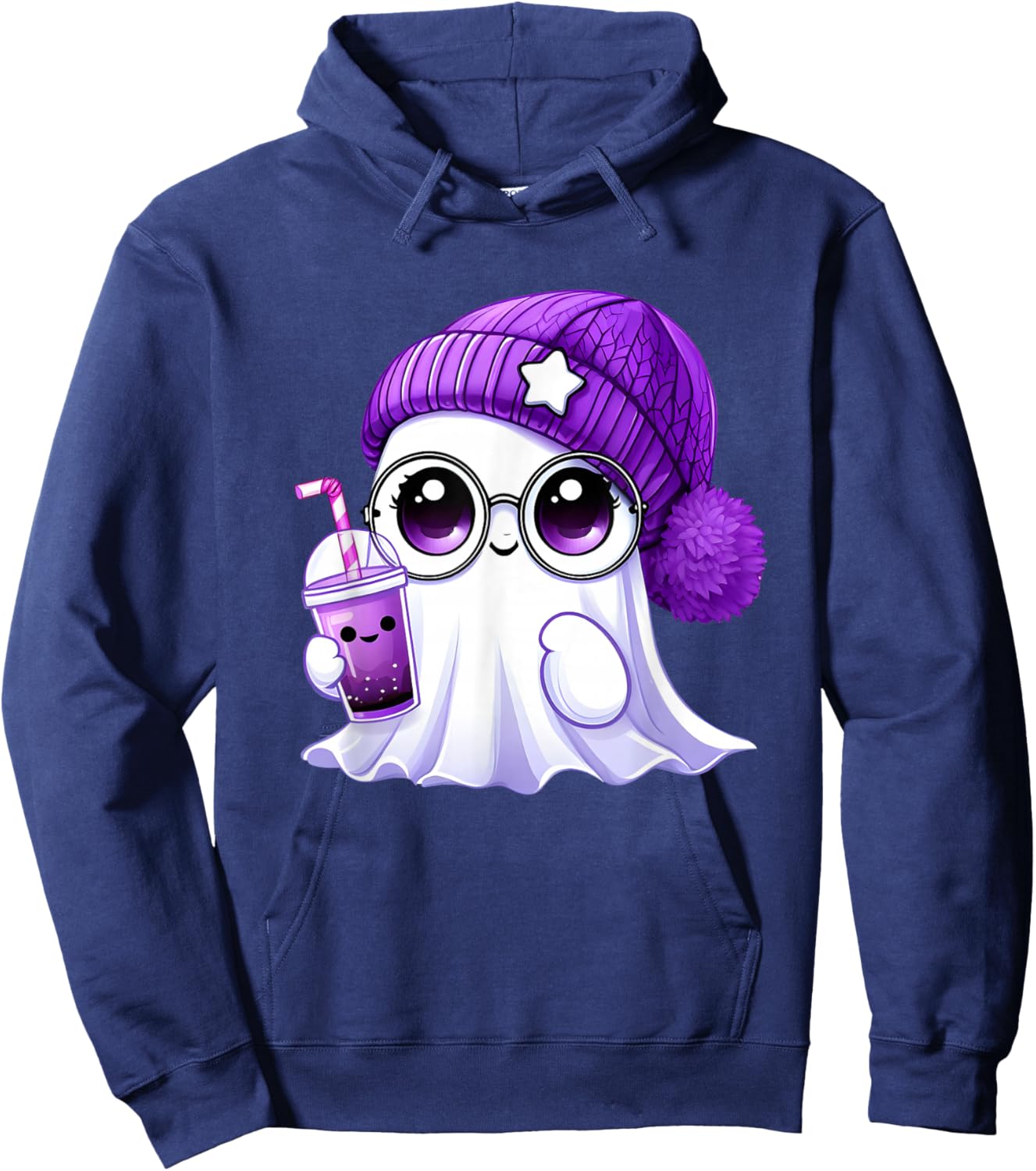 Cute Pink Purple Ghost Coffee Halloween Ghost Men Women Hoodie - Hoodie | Navy
