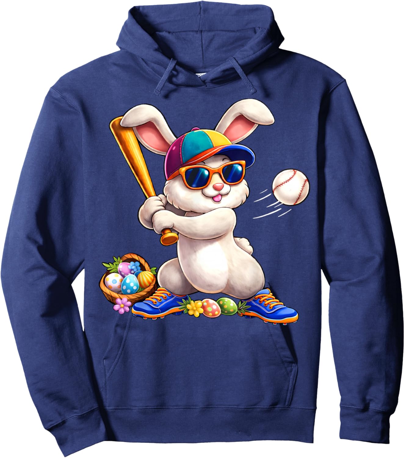 Happy Easter Bunny Playing Baseball Eggs Sports Boys Kids Hoodie - Hoodie | Navy