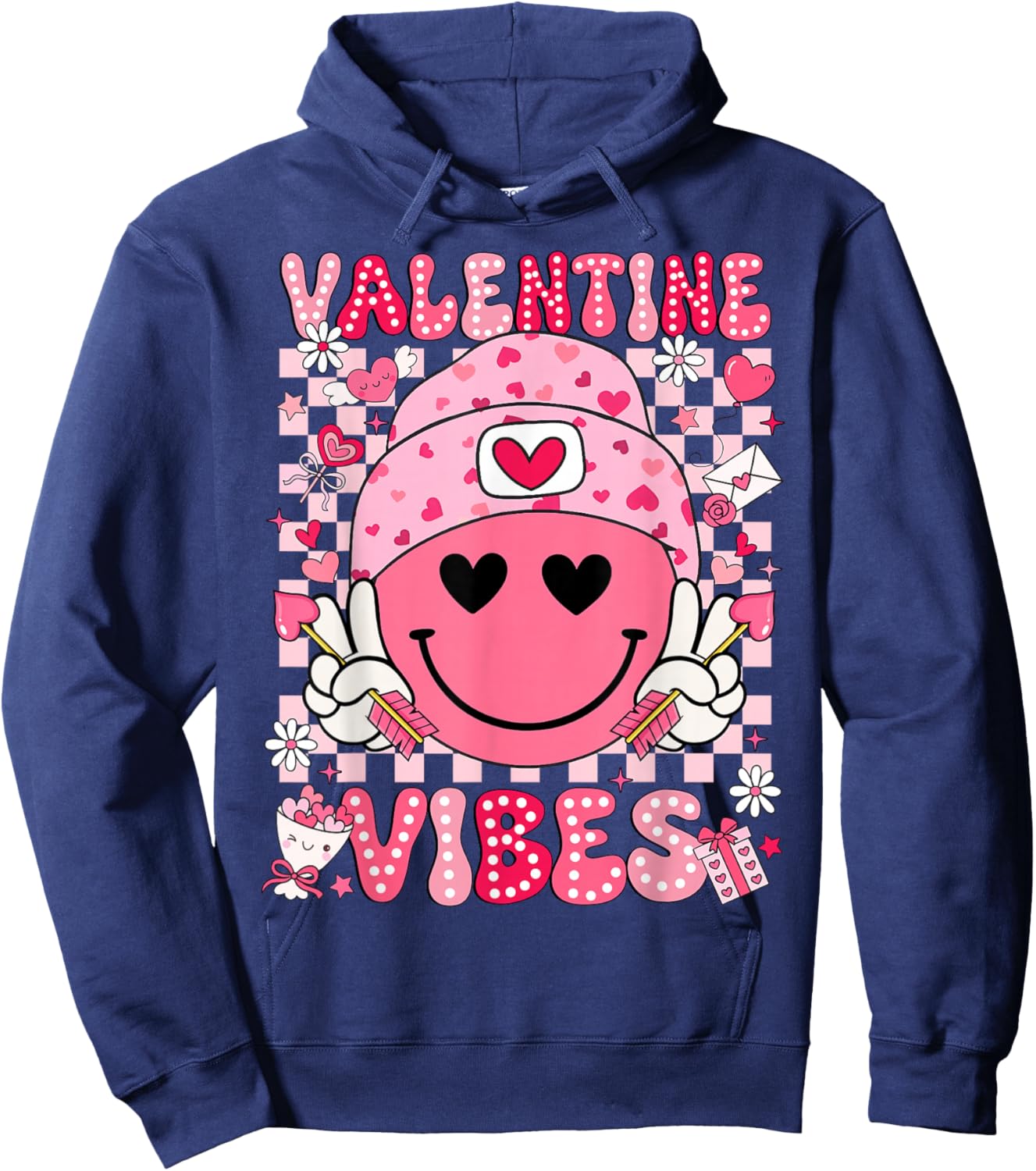 Valentine Vibes Groovy Smile Face Valentines Day Men Women Hoodie - Hoodie | Navy