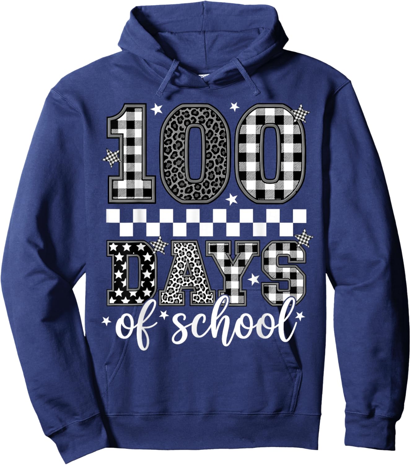 Black White Checkered Leopard 100 Days of School Teacher Kid Hoodie - Hoodie | Navy
