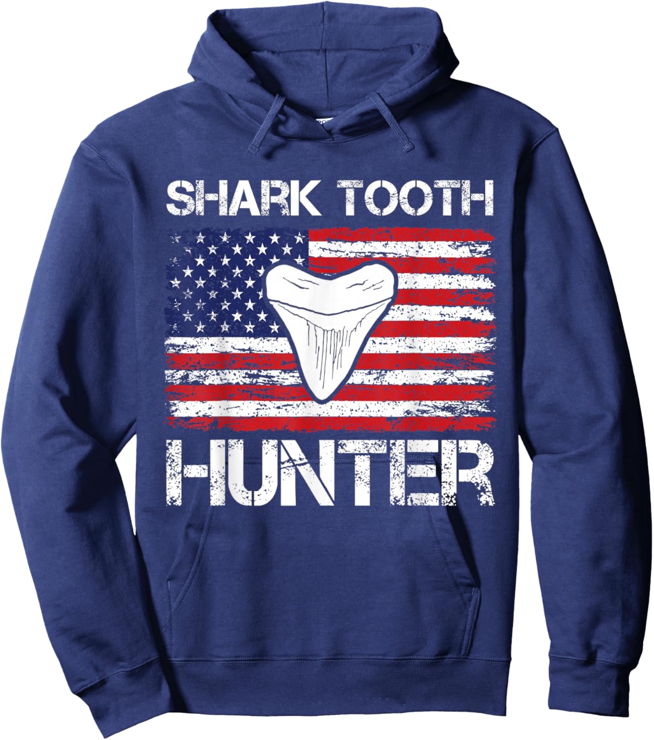 Shark Teeth Hunter Sharks Tooth Patriotic USA Flag Men Women Hoodie - Hoodie | Navy