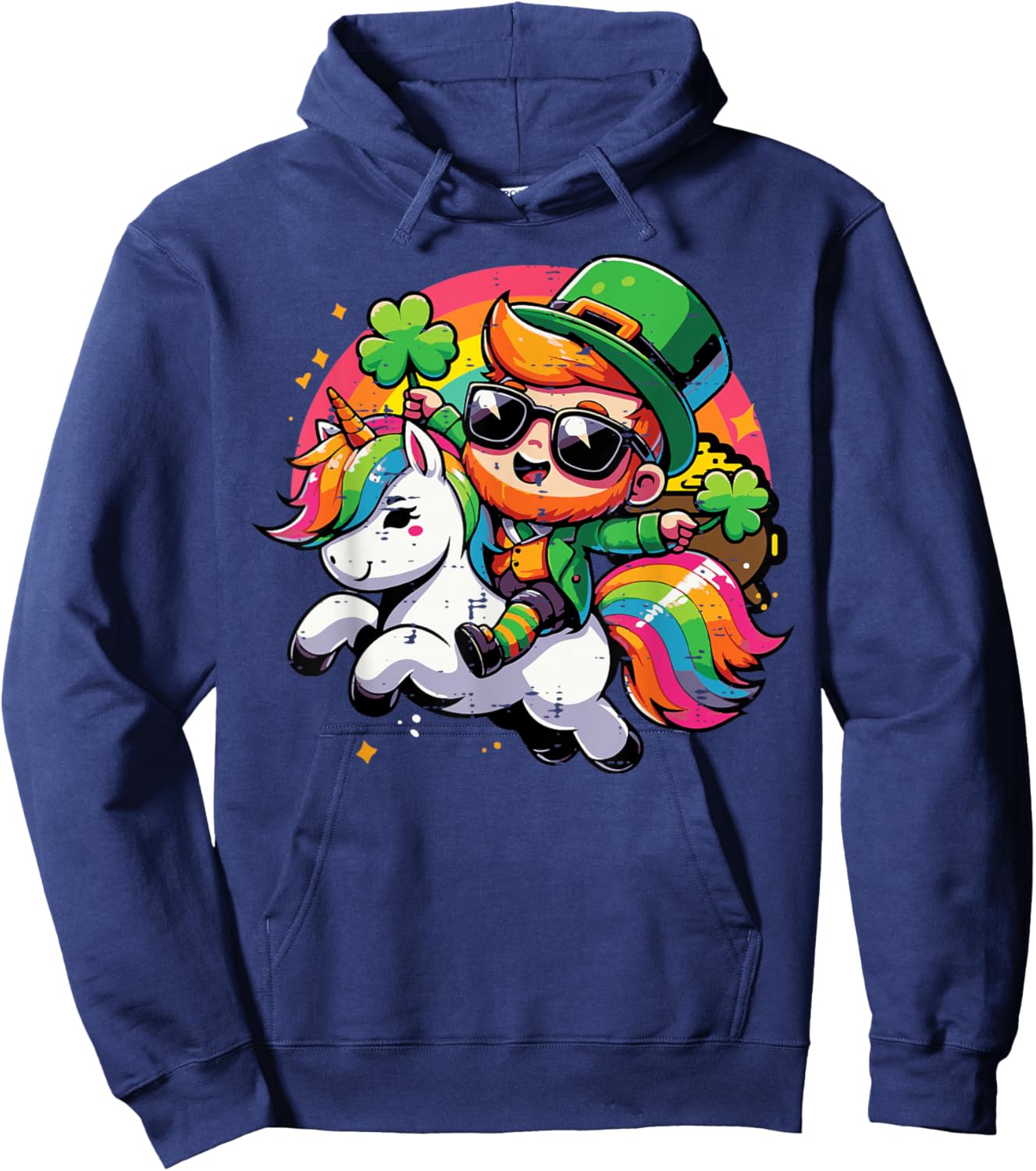 St Patricks Day Leprechaun On Unicorn Cute Saint Paddys Kids Hoodie - Hoodie | Navy