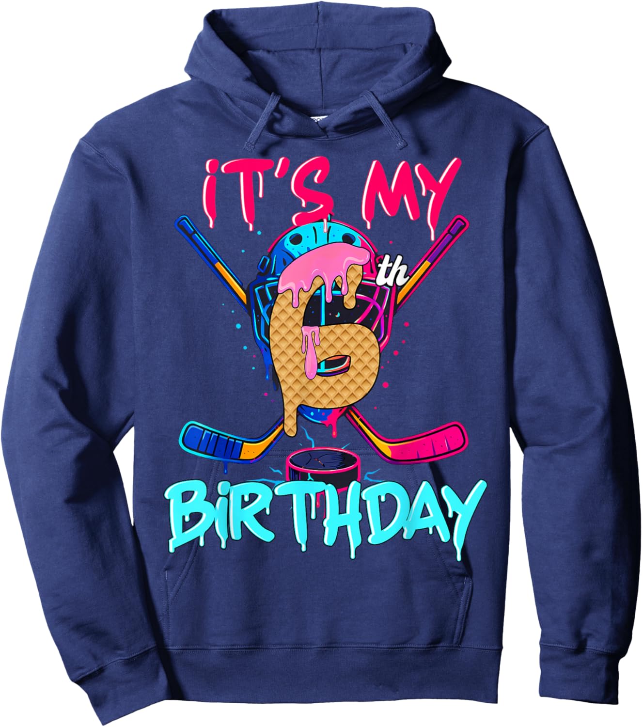 Hockey Ice Cream Drip It's My 6th Birthday Number 06 Player Hoodie - Hoodie | Navy