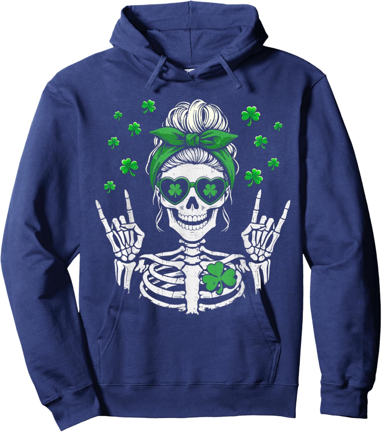 Skull Skeleton Shamrock St Patricks Day Women Girl St Pattys Hoodie - Hoodie | Navy