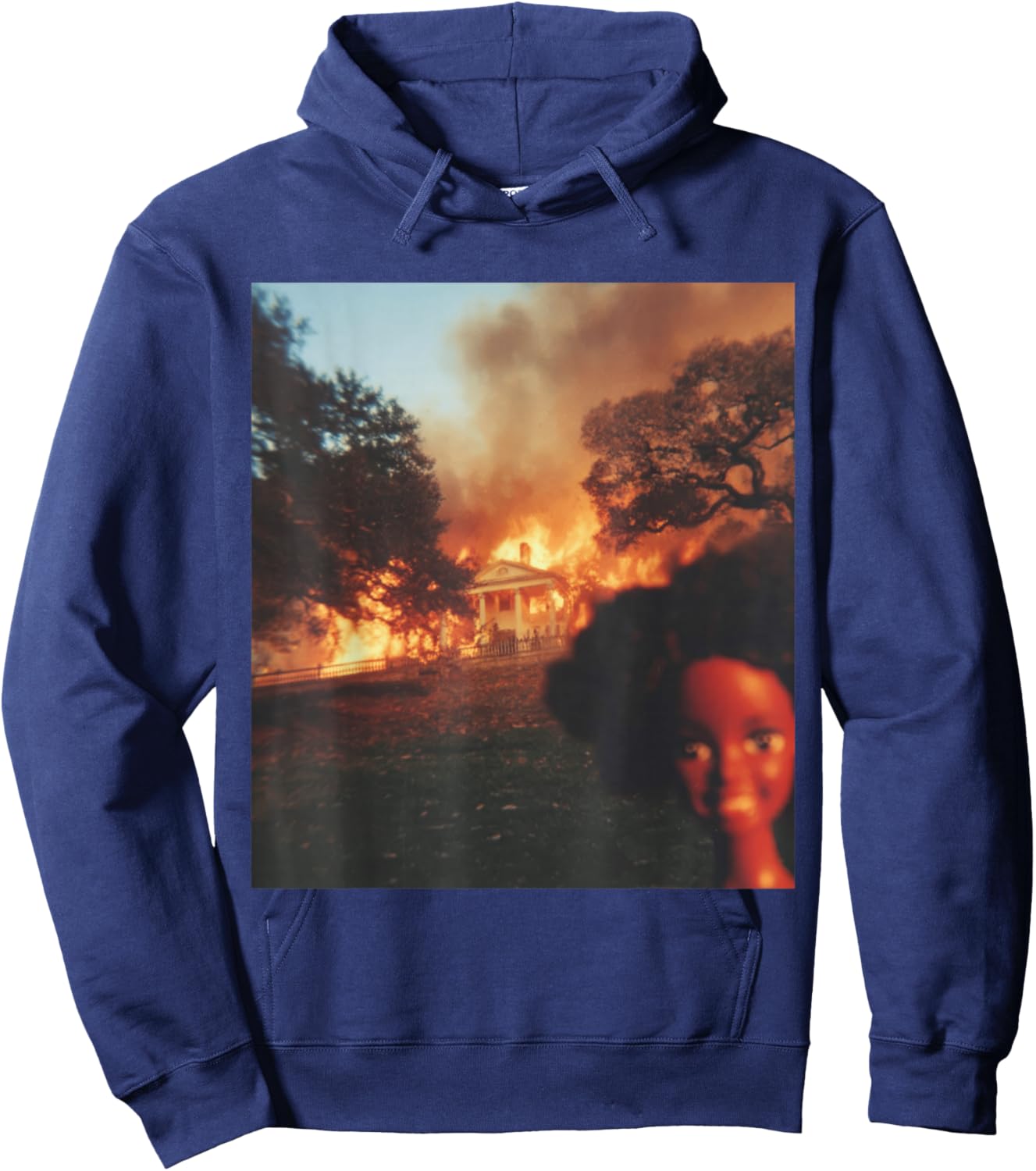 Funny Disaster Black Doll Face Meme Selfie House On Fire Hoodie - Hoodie | Navy