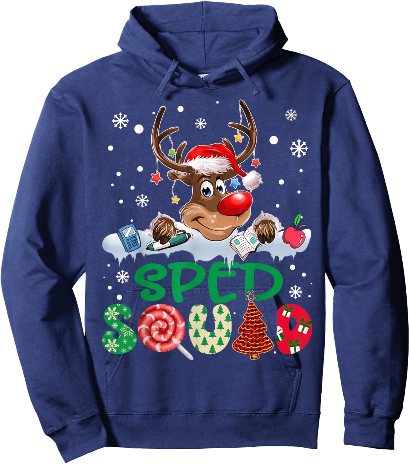 Reindeer Santa Hat SPED Squad Teacher Funny Christmas Kids Hoodie - Hoodie | Navy